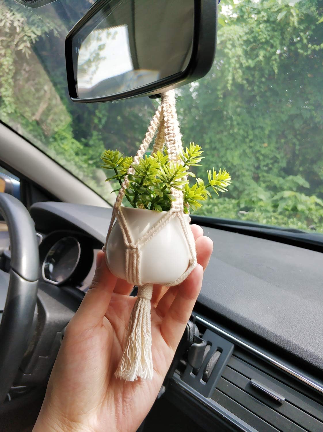 Mini Macrame Plant Car Accessories Rear View Mirrior Charm Hanging Rearview Car Decor Boho Small
