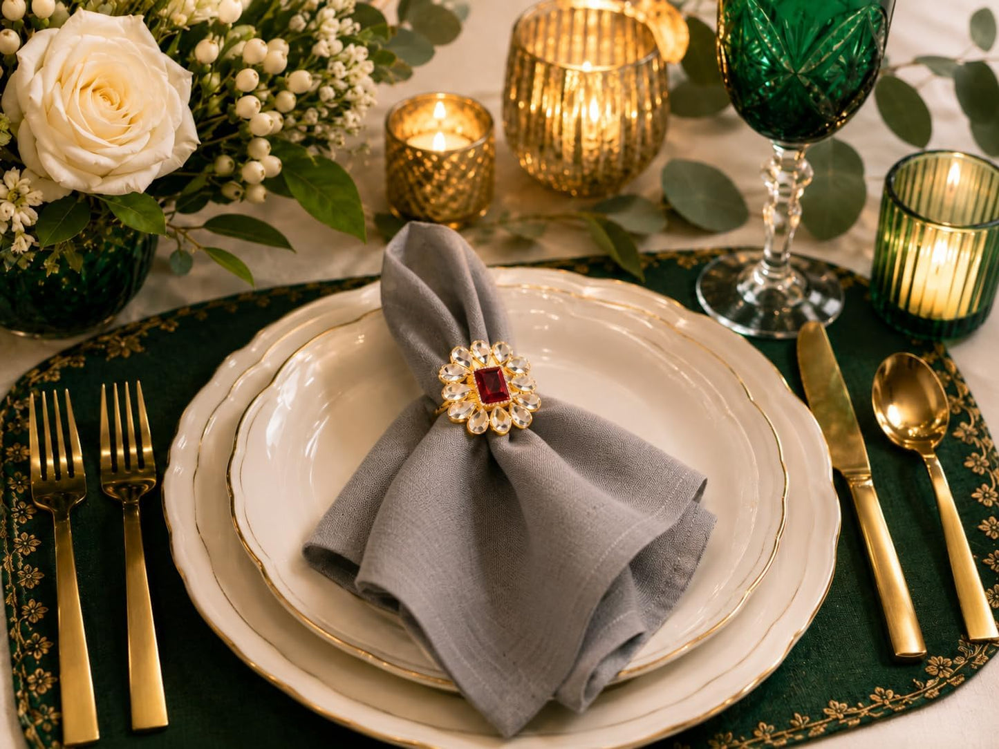 Floral Rhinestone Table Napkin Rings, Gold Tone, Set of 12 | Handmade large-size floral napkin holders with rhinestone