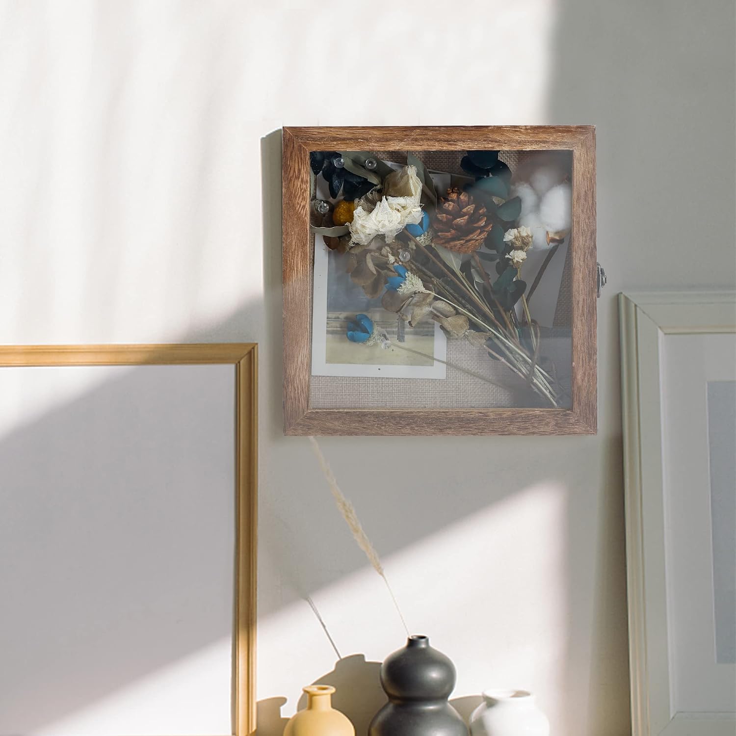 GraduatePro Shadow Box Frame 8x8 Display Case with Linen Back, Real Glass Window Door with Hinge, Picture Frame Wedding