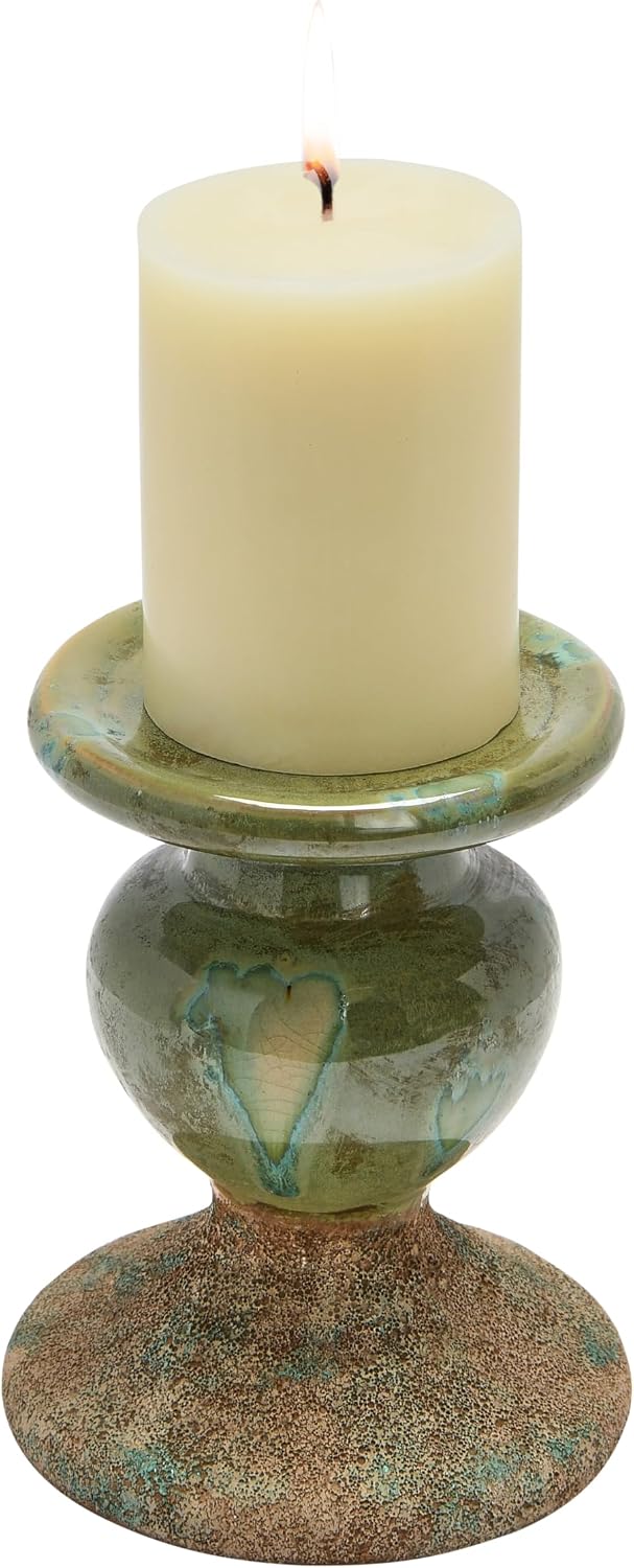 2-Tone Sculptural Terracotta Pillar Candle Holder / 5.5" W x 6.5" H / Green