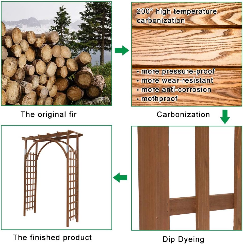 7Ft Dark Brown Wooden Garden Arbor Arch Trellis | Heavy duty wood pergola archway for climbing roses vines, perfect for