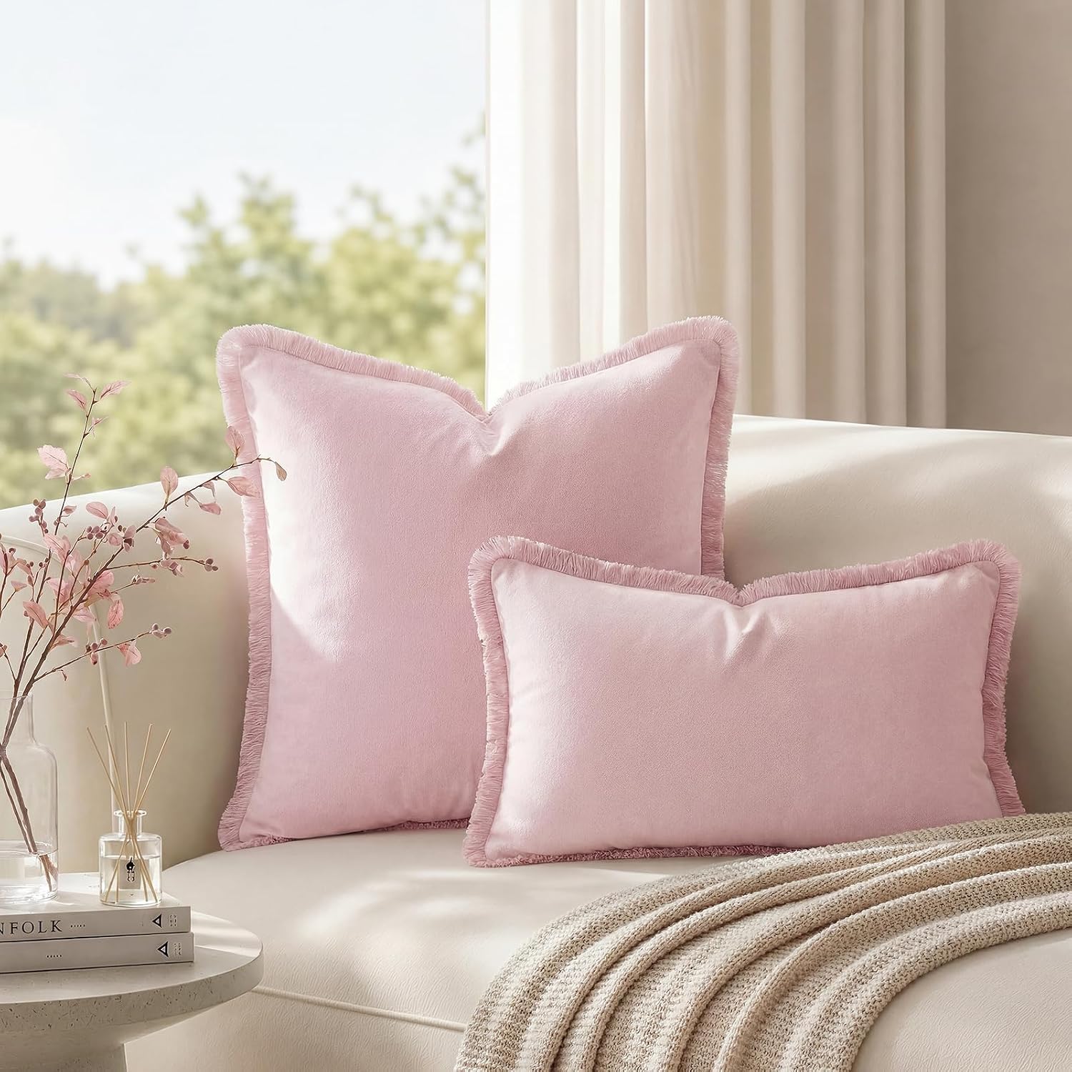 Light Velvet Throw Pillow Covers / Pink / 18 x 18 / Set of 2