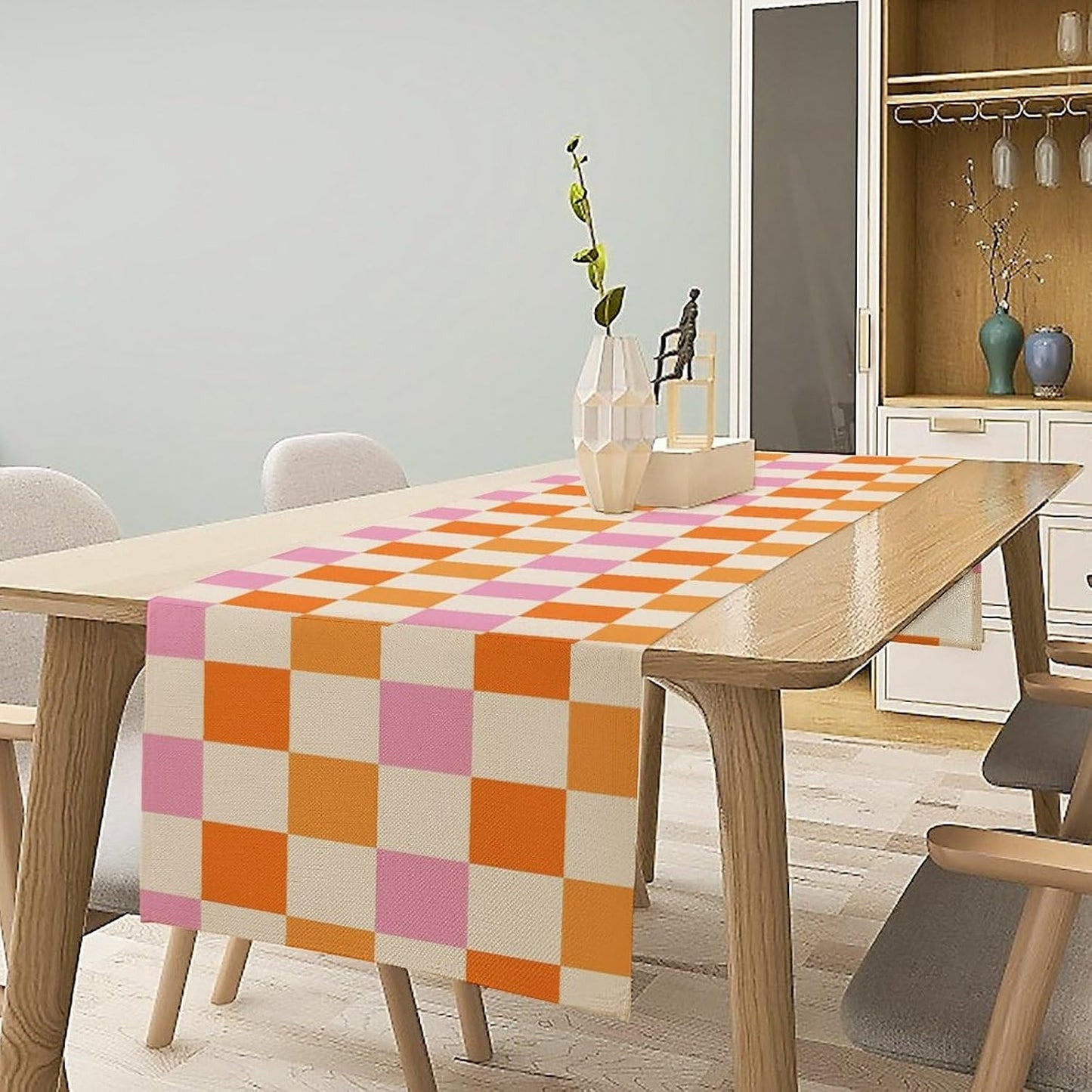 Hippie Table Runner Vintage Geometric Square Grid Yellow Orange Pink 1960s 1970s Retro Country Farmhouse Dinner Runner