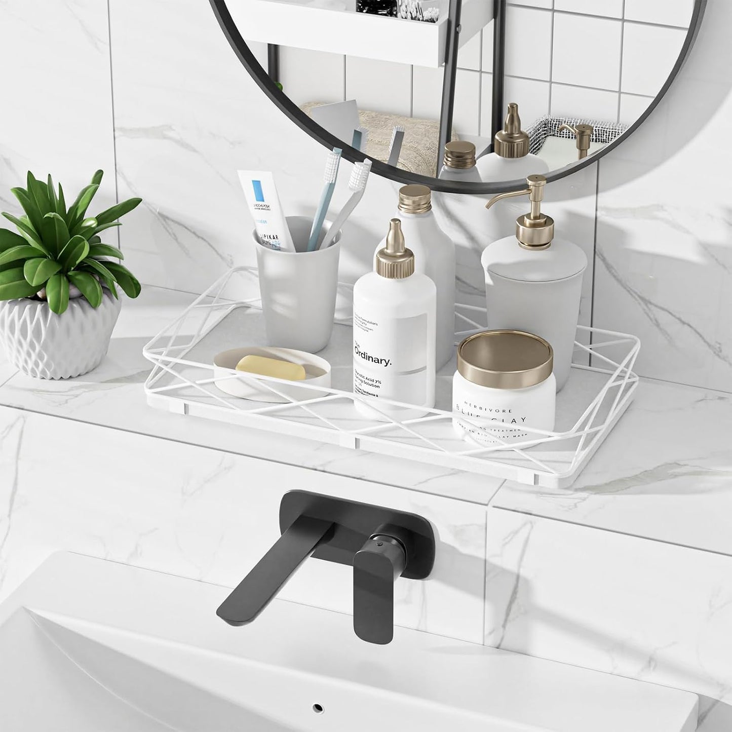 Wood and Metal Toilet Tray Vanity Organizer Bathroom Tray / White
