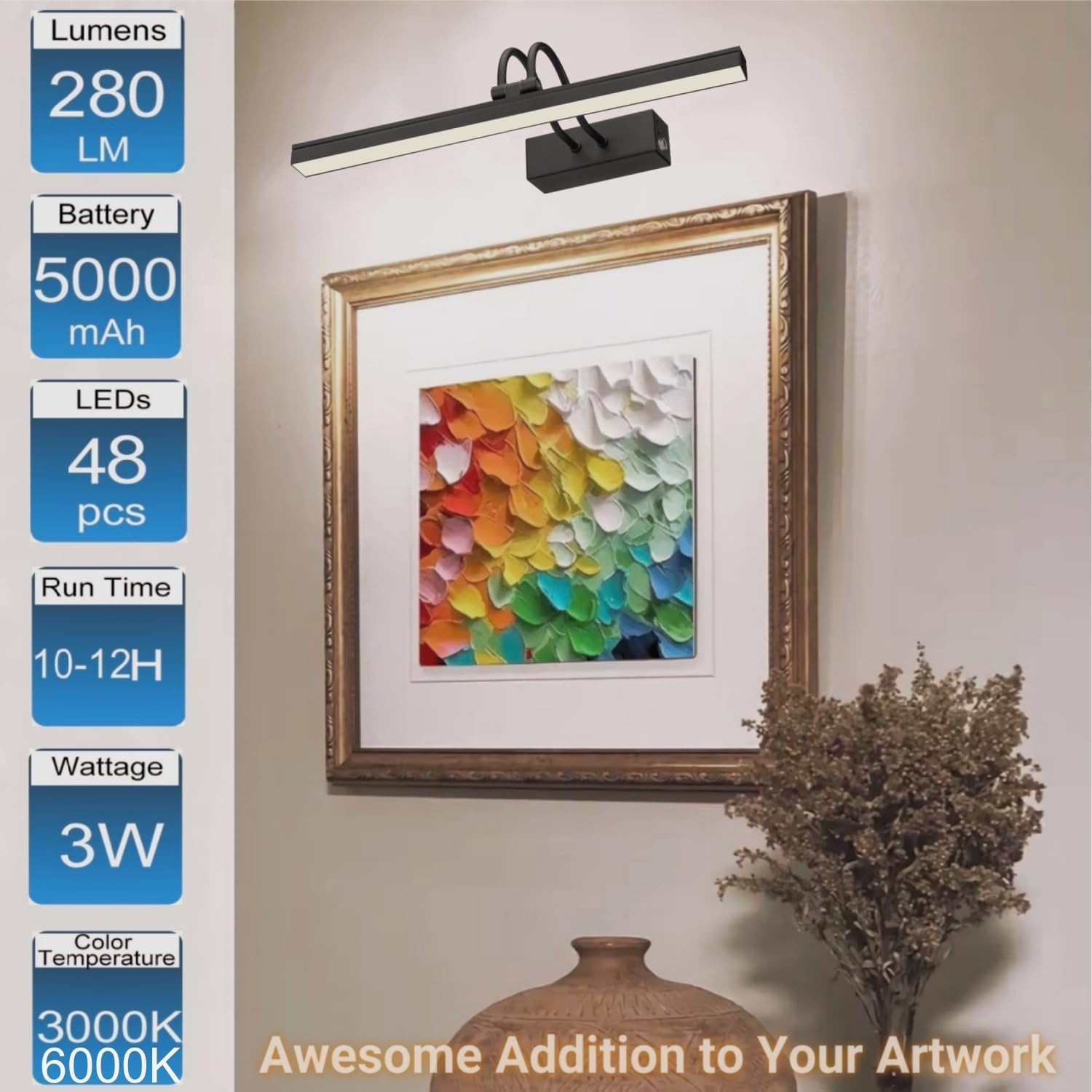 Rechargeable Picture Light with Remote, 13", Black | 5000mAh Battery Operated, 2 Colors Gallery Light, 280LM Dimmable