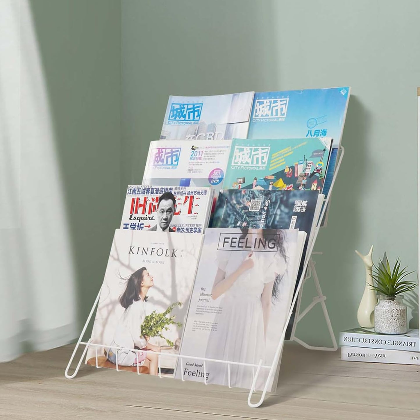 Wire Magazine Rack with 4 Open Tiers, Holds Both Magazines and Brochures, Includes Sign Channel at the Front - White