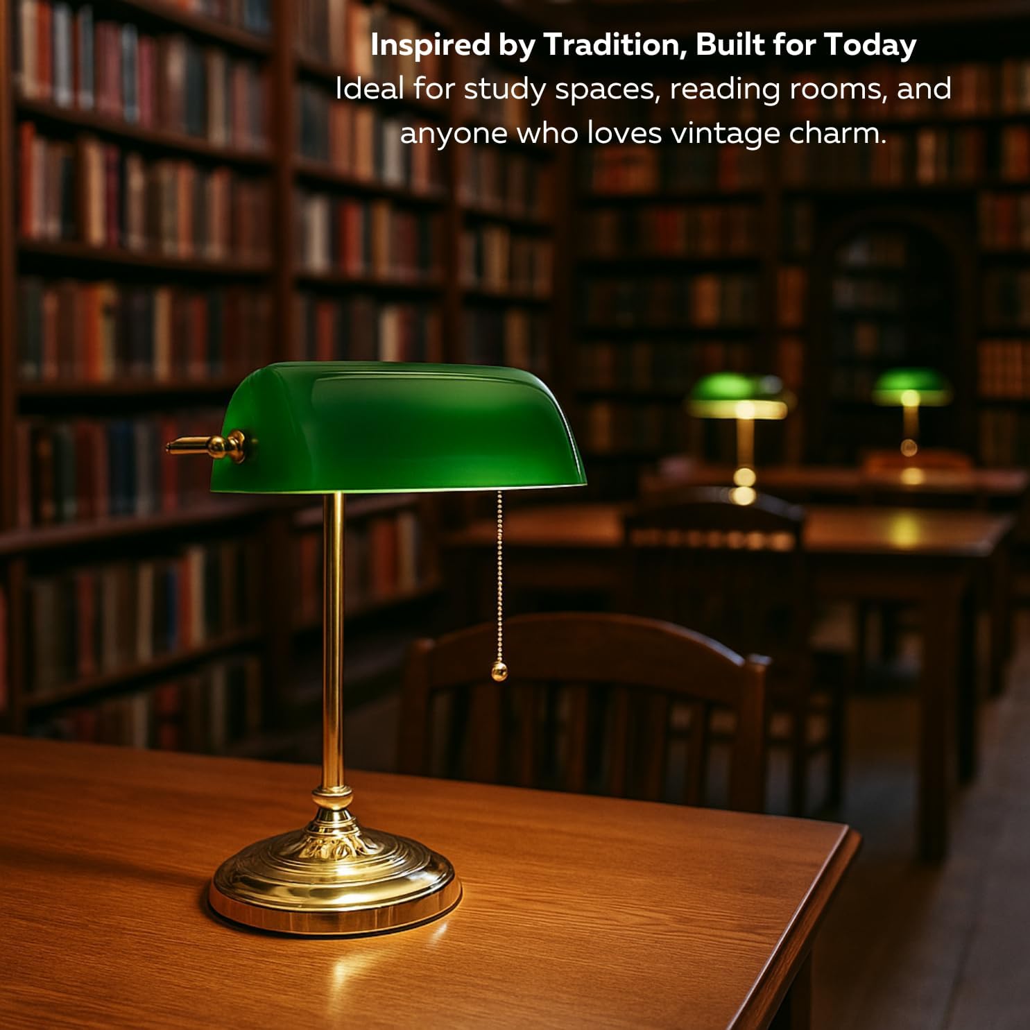 LIGHTACCENTS Traditional Banker’s Desk Lamp with Green Glass Shade and Brass Base – Classic Desk Lamp with Pull Chain