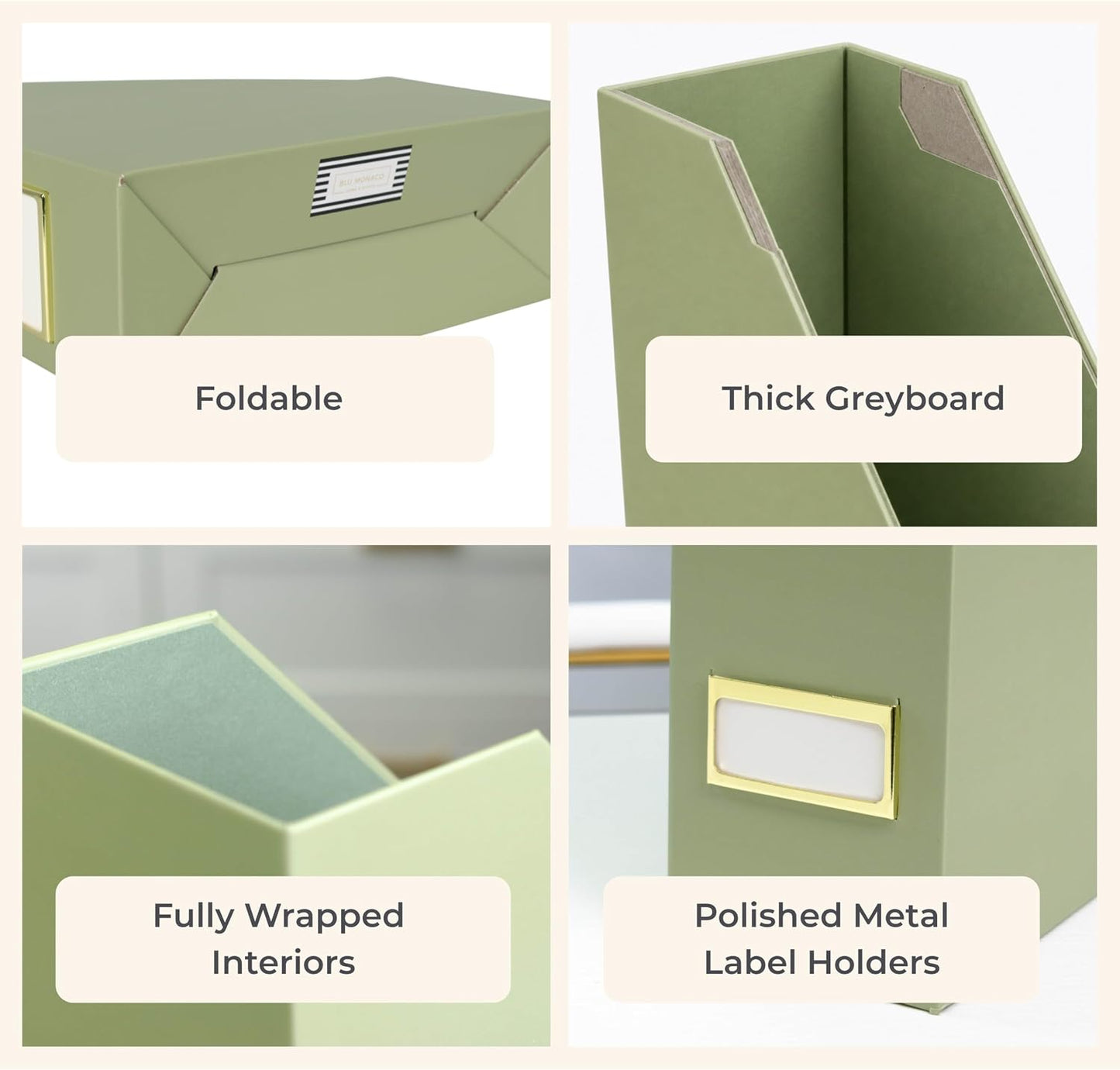BLU MONACO | Set of 6 Foldable Magazine File Holders in Earth Green | Heavy-Duty Vertical File Organizers with Label