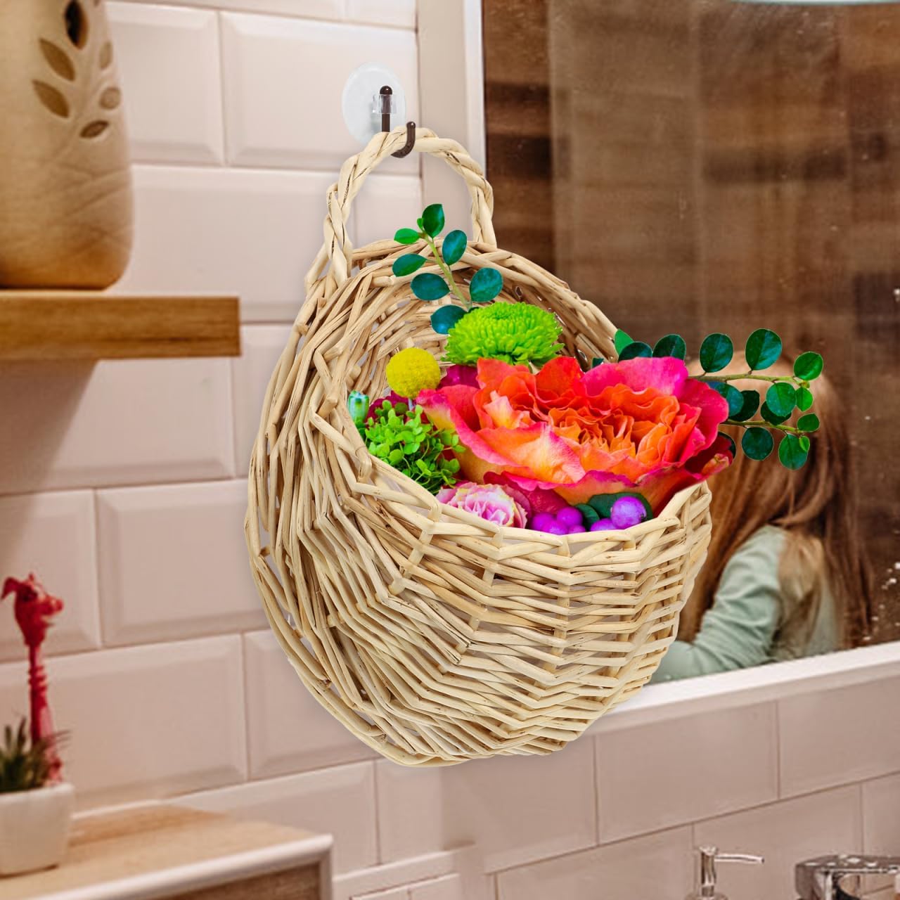 Rattan Woven Hanging Basket Wall Planter / 9 x 7 x 3.5