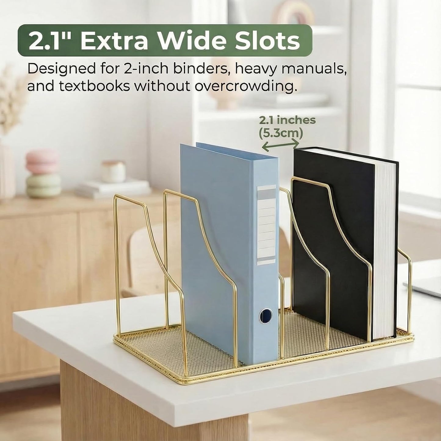 Gold Binder Organizer for Desk, 5 Slot Metal Wire Vertical File Sorter with Mesh Bottom, Large Desktop Magazine Holder