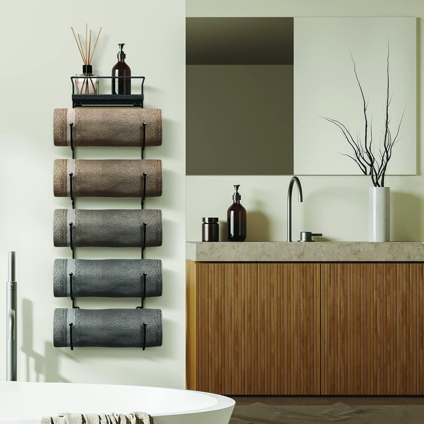 Sorbus Wall Towel Rack, 5-Tier Wood Shelf, Wall Mounted (Black) | Five-tier metal holder for rolled bath towels