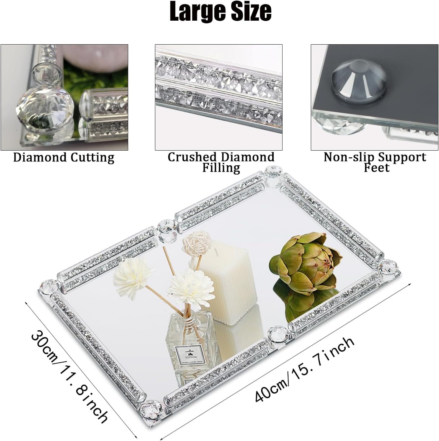 Crushed Diamond Filled Glass Vanity Tray / Silver / 15.7 x 11.8 x 1.4