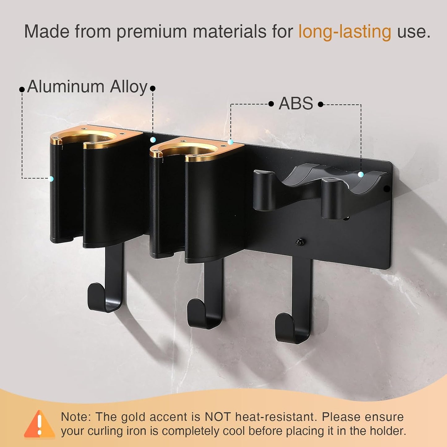 Wall Mount Hair Tool Organizer, Black with Gold Accents | Aluminum Alloy & ABS, 3-Compartment Holder for Hair Dryer