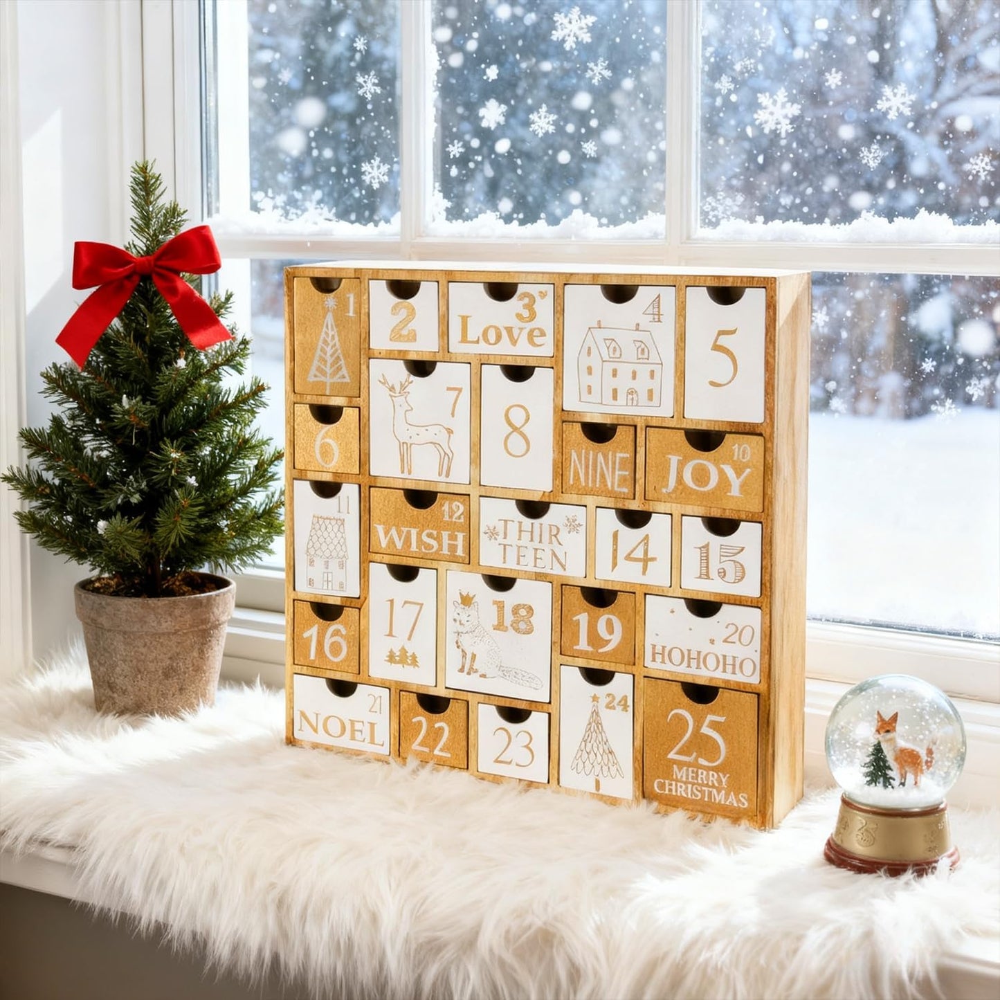 Juegoal Advent Calendar with 25 Drawers Countdown to Christmas, Refillable Wooden Advent Xmas Gift for Kids, 12 Inches