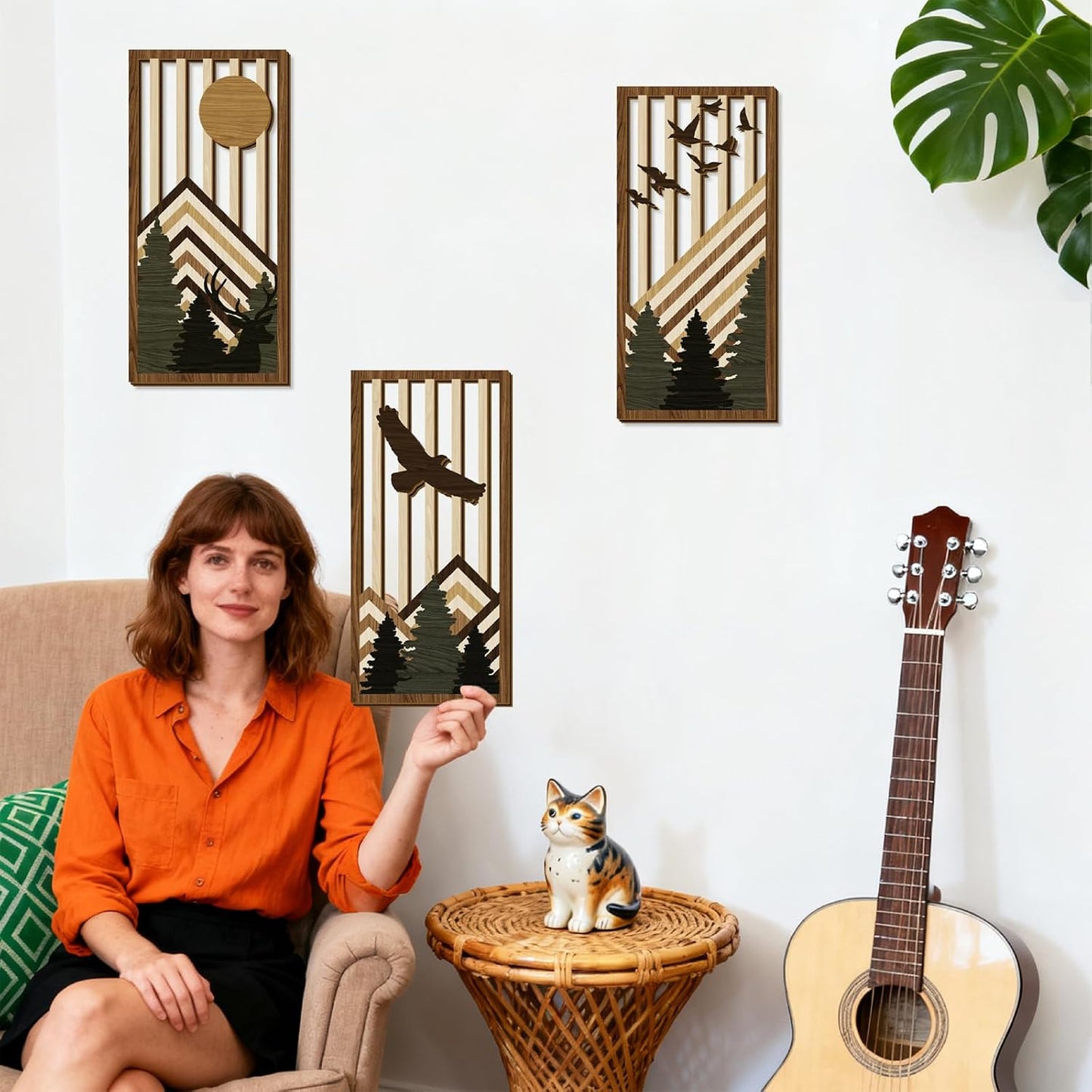 Wooden Boho Mountain Wall Art Mid Century Modern Wall Decor Nature / Brown Mountain / Set of 3