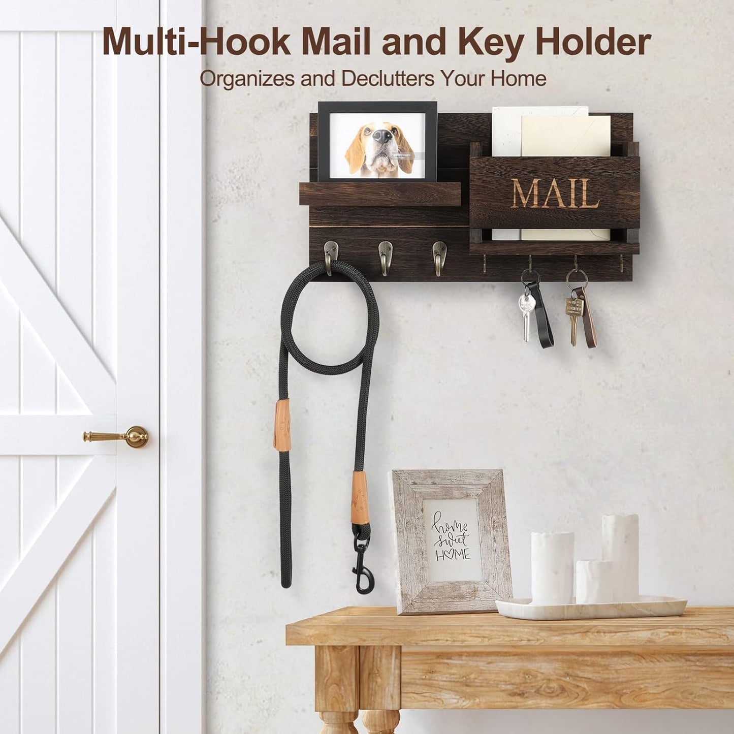 Shelf Includes Letter Holder and Hooks for Hallway Farmhouse / Brown