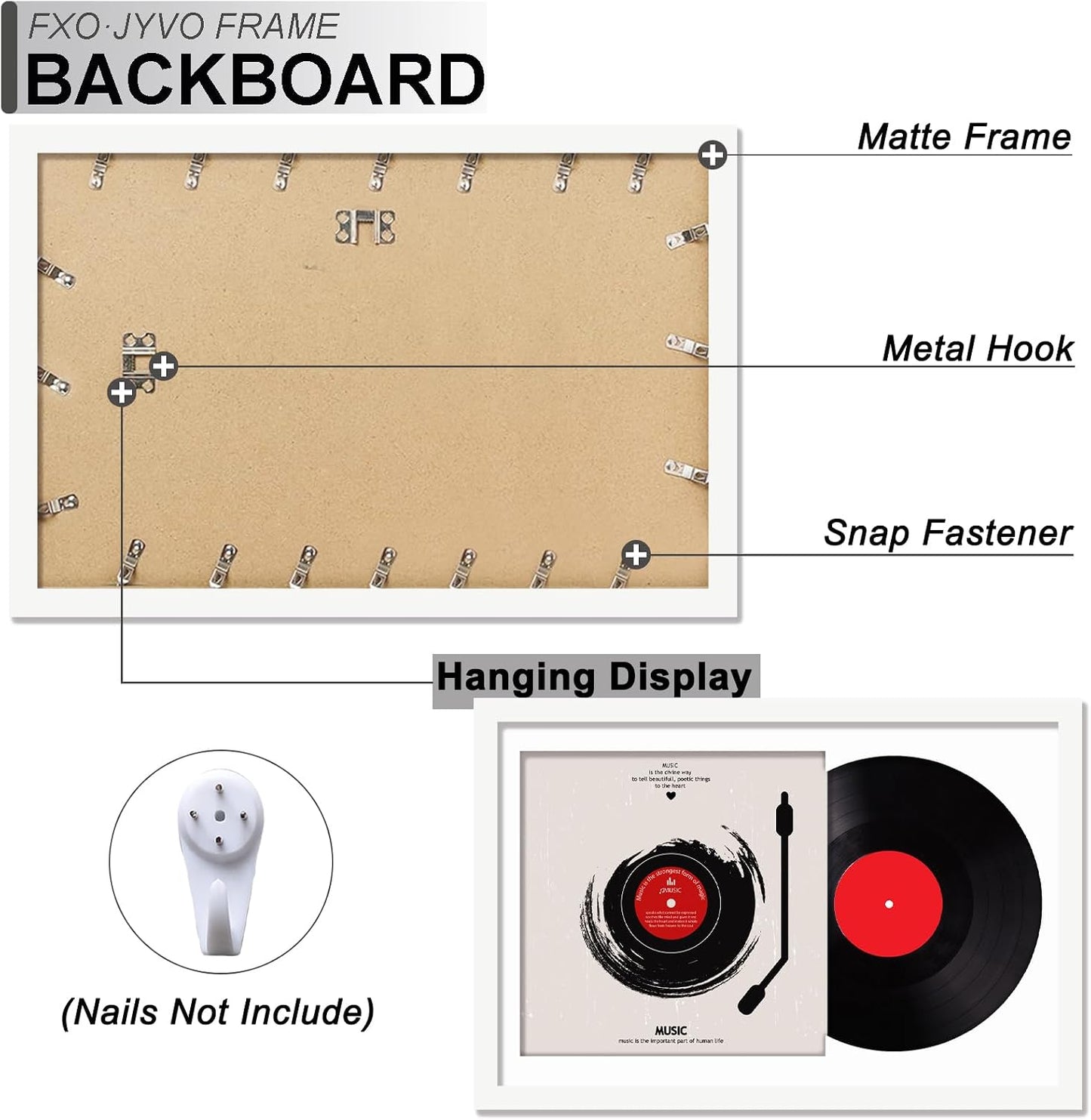 Vinyl Record Frame Display for 12 inch LP with 12.5x12.5 Album Cover | White 16x24 Frame Light Weight with High-Clarity