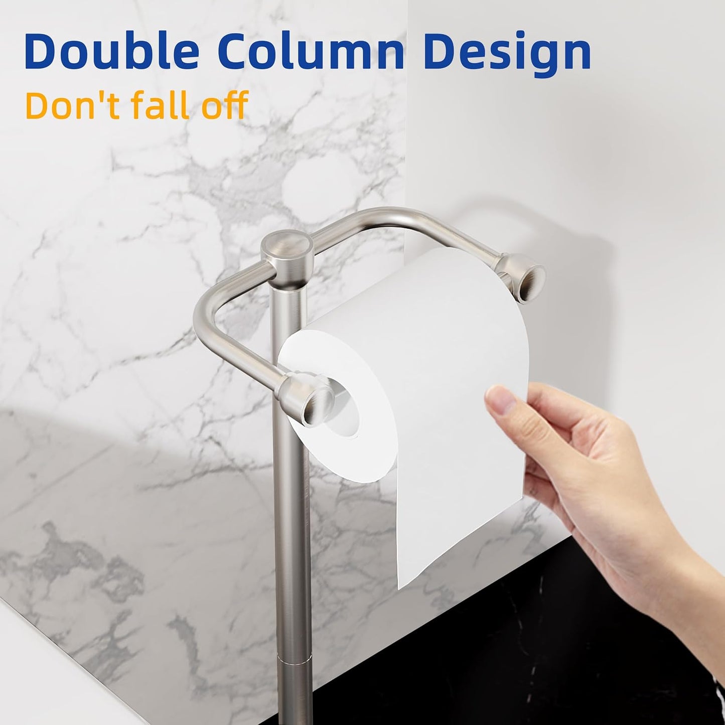 RUACQ Bathroom Toilet Paper Holder Stand, Brushed Nickel | Dual-Post Pivoting Free Standing Toilet Roll Holder with