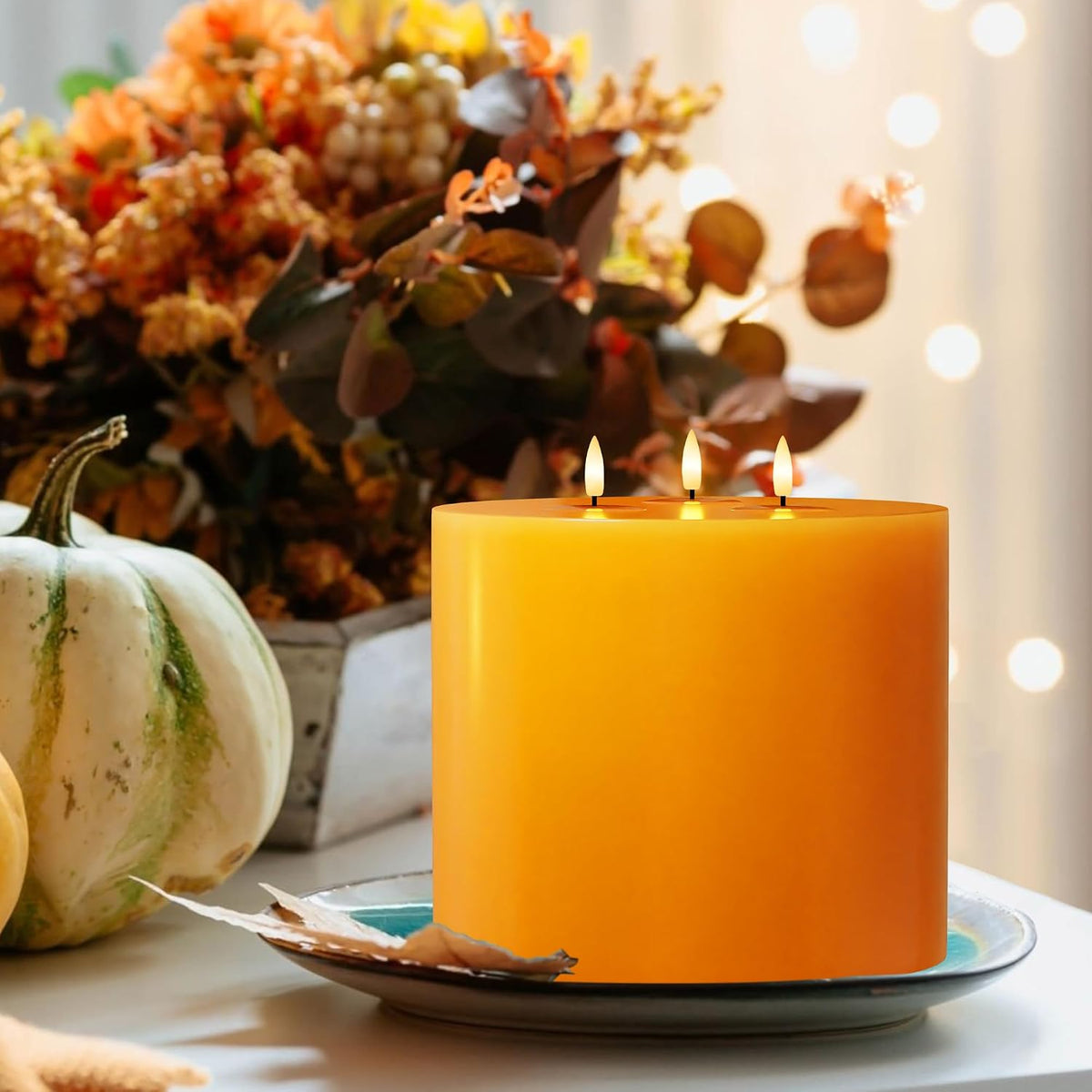 Orange Extra Large Flameless Candles, 6"x6" Battery Operated Candles with Remote, Real Wax Flickering LED Candles with