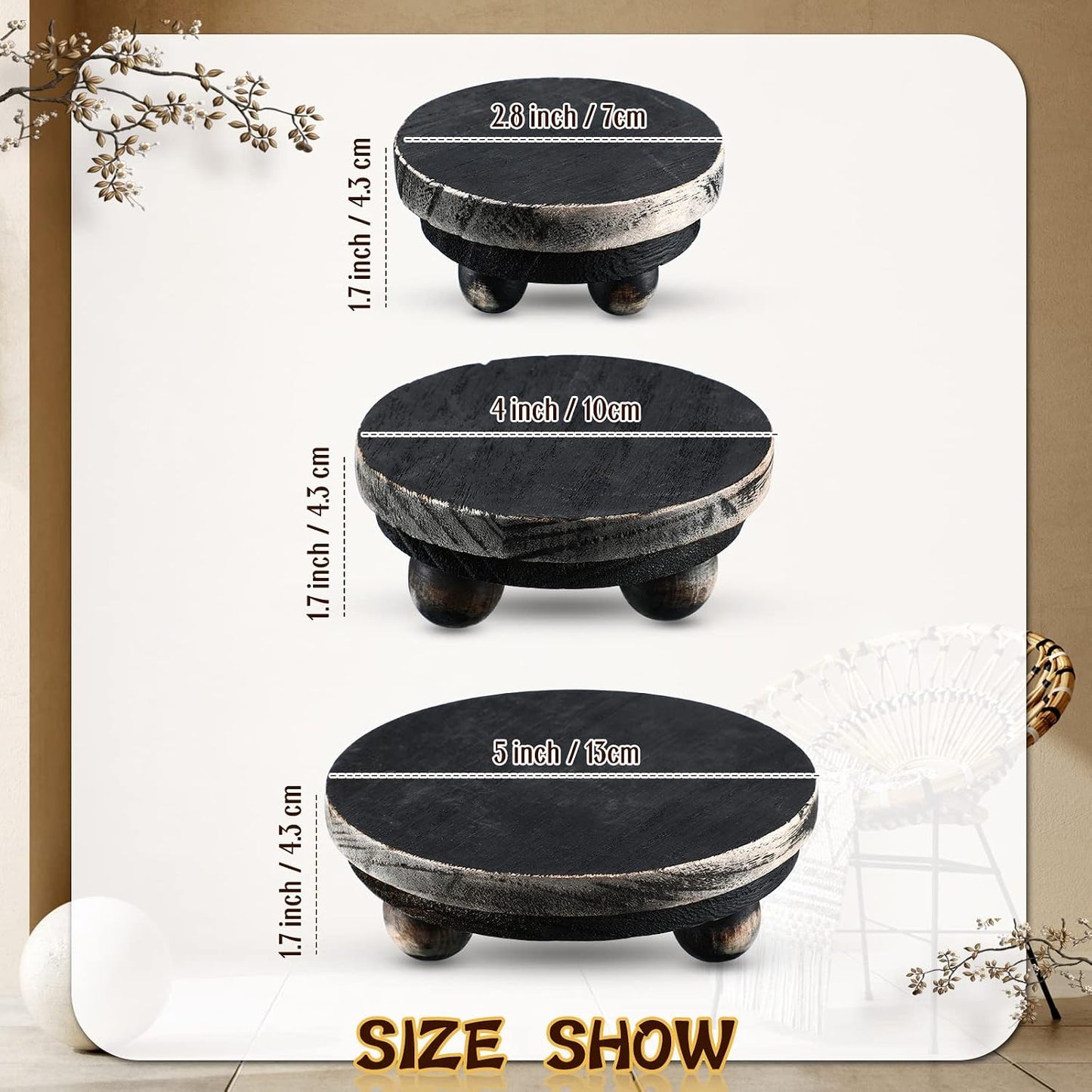 Wooden Risers for Display Wood Pedestal Stand Mini Tray / Black / 5/4/3 Inch / 3 Inch / Set of 3