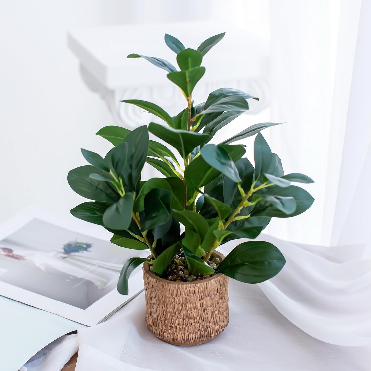 12.6" Fake Plants in Ceramic Vase Realistic Ficus Leaf Faux Plant for Desk Book / Plant B / Brown