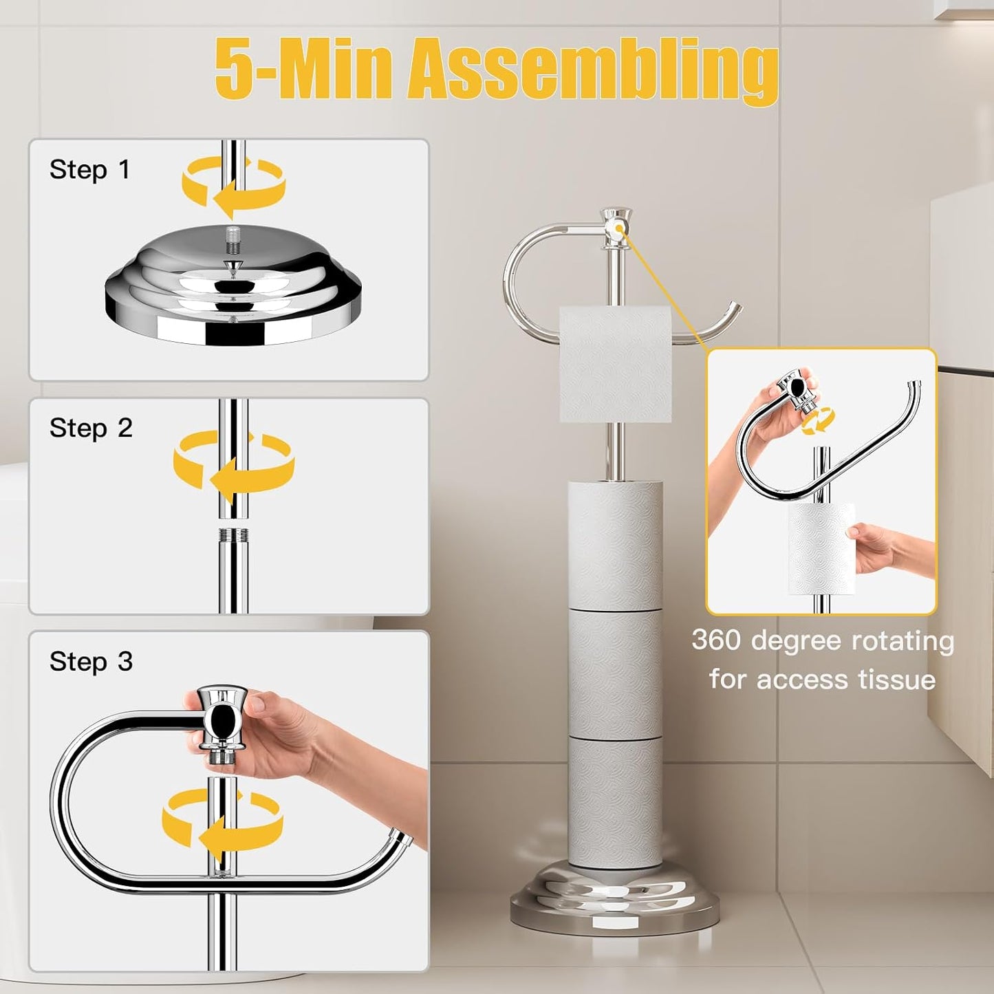 Toilet Paper Holder Floor Stand, Bathroom Freestanding Chrome | Toilet Tissue Roll Holder, Free Standing Rack with