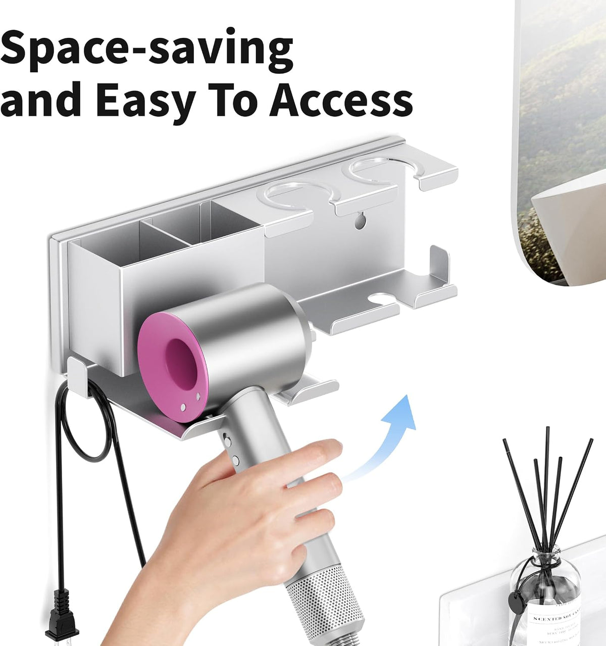 Hair Dryer Holder, Hair Tool Organizer, Blow Dryer Hanger Wall Mount for Dryer Hook, Bathroom Space-Saving Blow Dryer