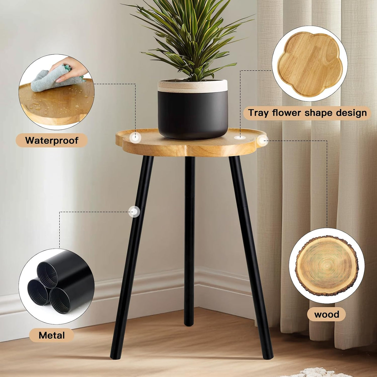 KINNARY Plant Stand Indoor, Wood Plant Table Plant Holder with Raised Design,Heavy Duty Metal Flower Pot Stand, Mid