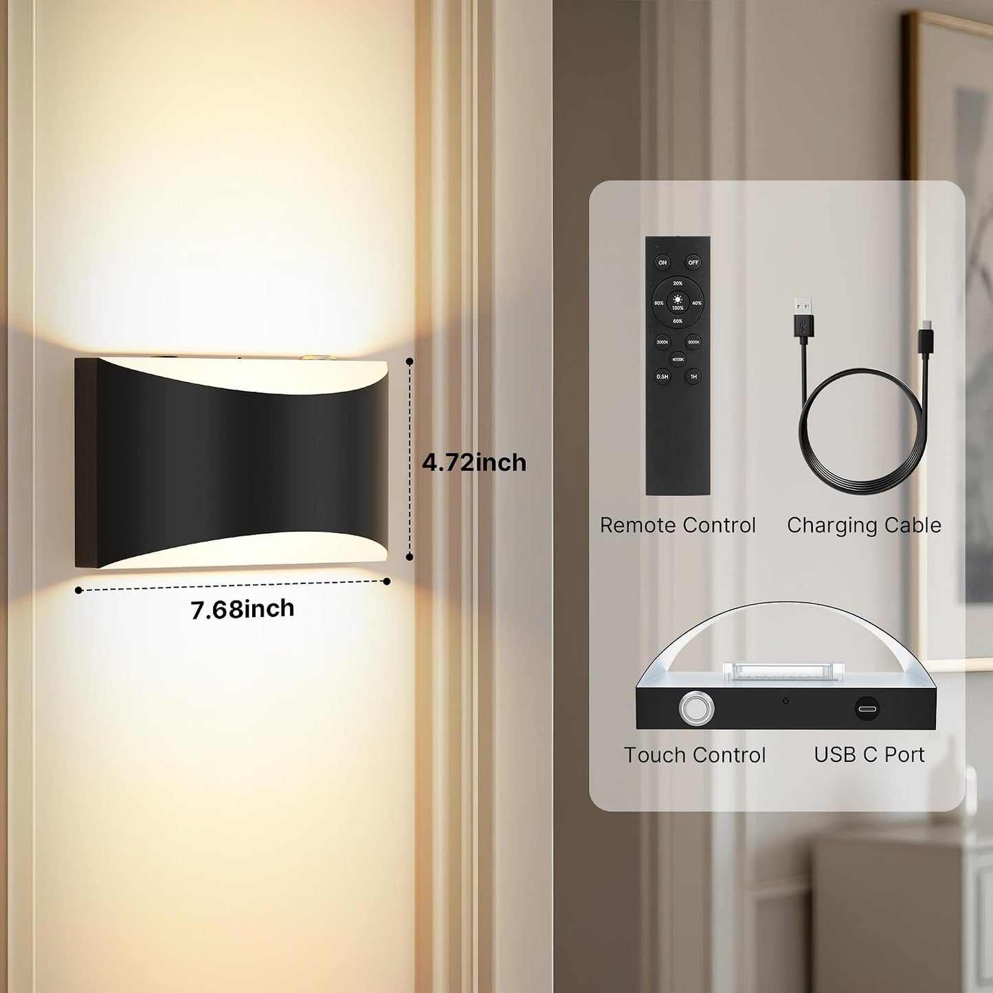Battery Operated Wall Sconces Set of 2 Rechargeable Wireless Black | 8000mAh Remote & Touch Control Wall Lamps 3 Color
