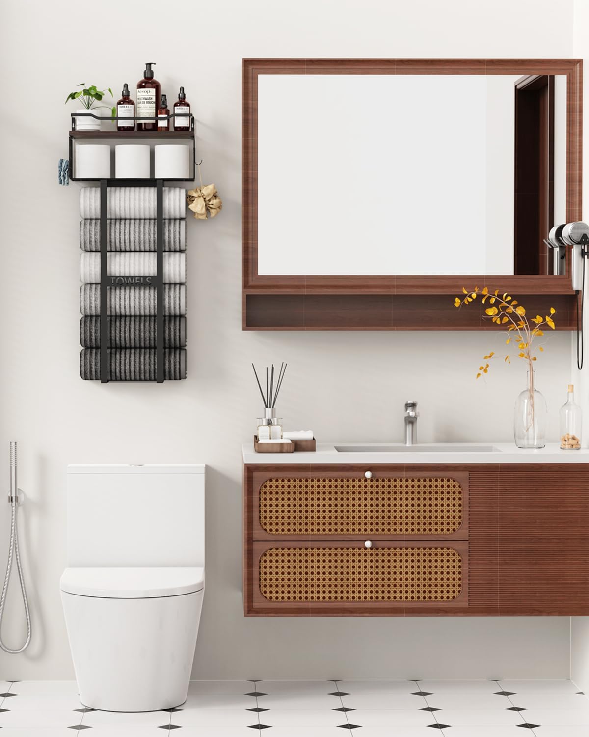 Large Towel Rack & Bathroom Towel Holder - Wall Mounted Metal Rack with Wooden Floating Shelf, Small Bathroom Towel