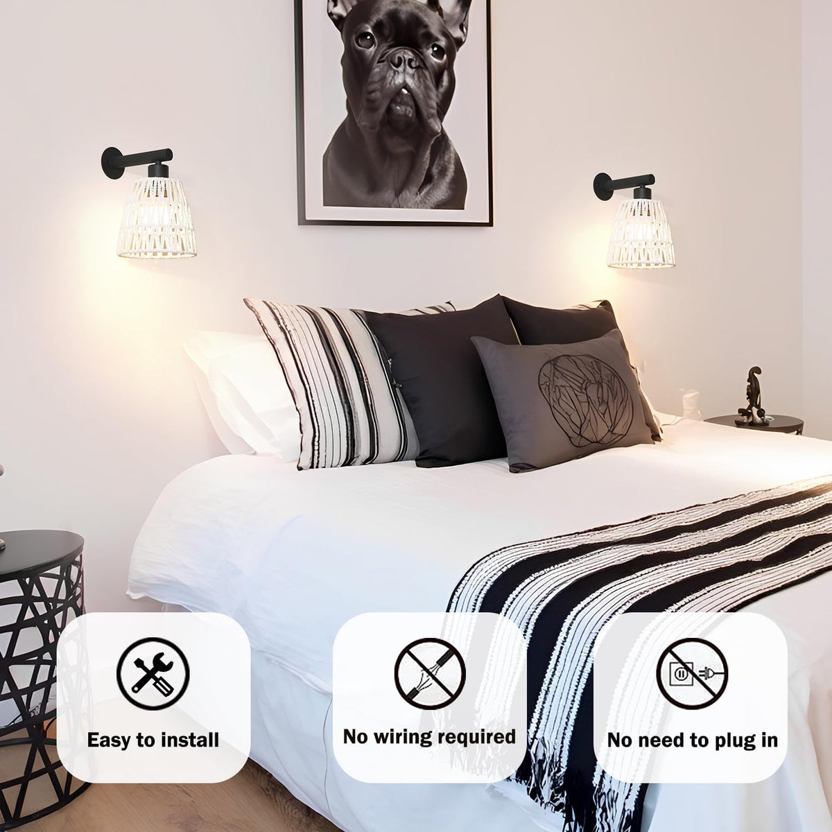 Boho Battery Operated Wall Sconce Set of 2, White Rattan Rechargeable Wall Lights with Dimmable Bulbs and Remote,15