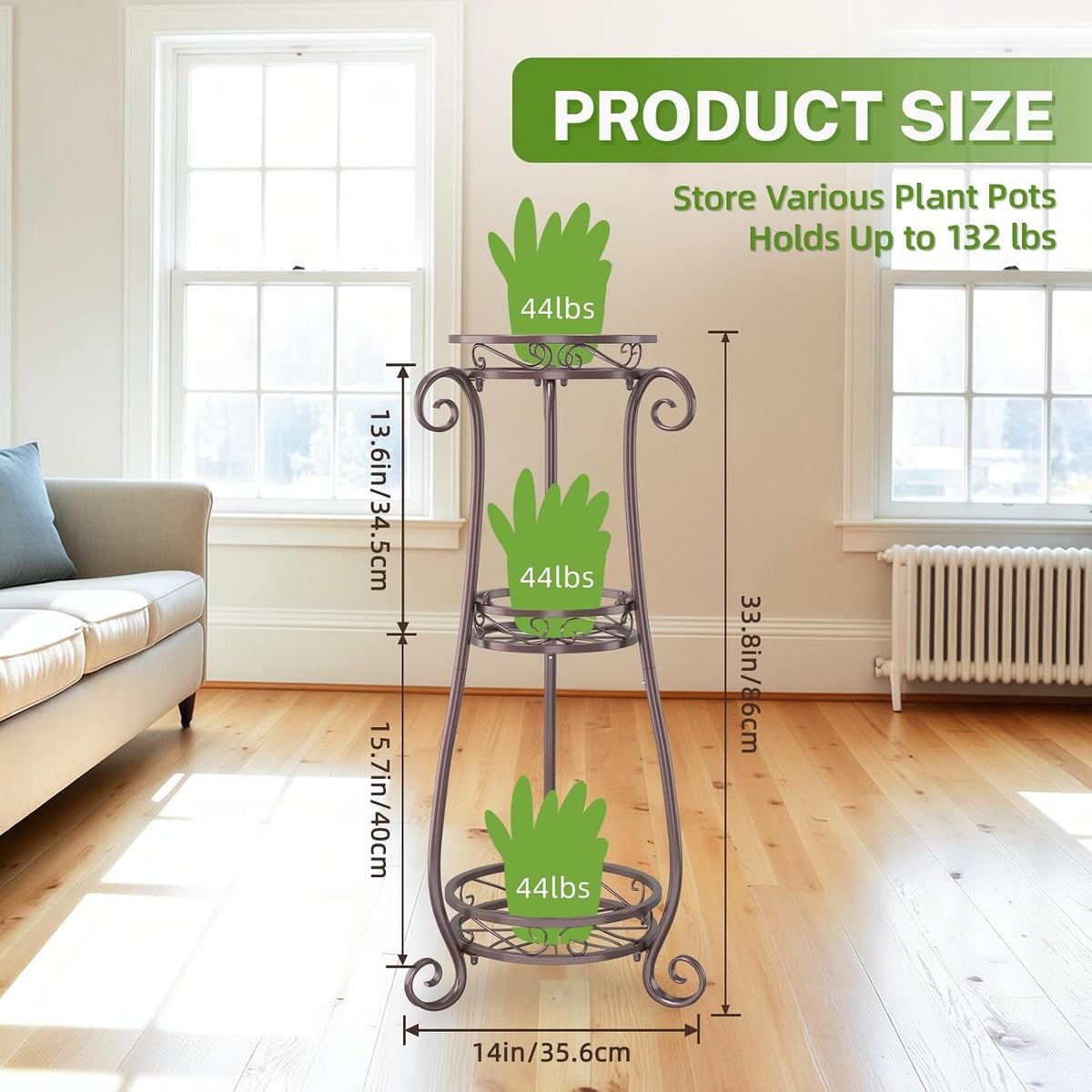 iDavosic.ly 3 Tier Tall Metal Plant Stand Outdoor Indoor, 34 Inch, Bronze | Corner Flower Pot Holder Shelf, Wrought