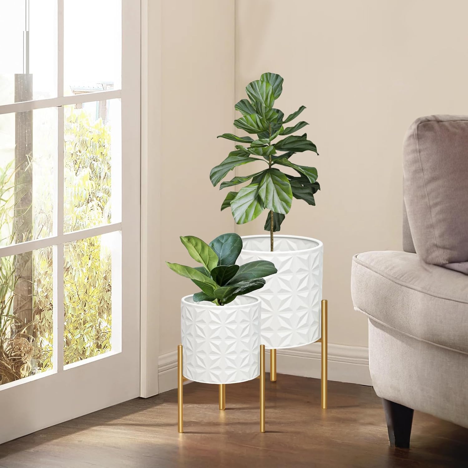 ARNIS Plant Pots with Stand, Set of 2 Indoor Planter Pots, Large Metal Planters with Stand, Mid Century Decorative