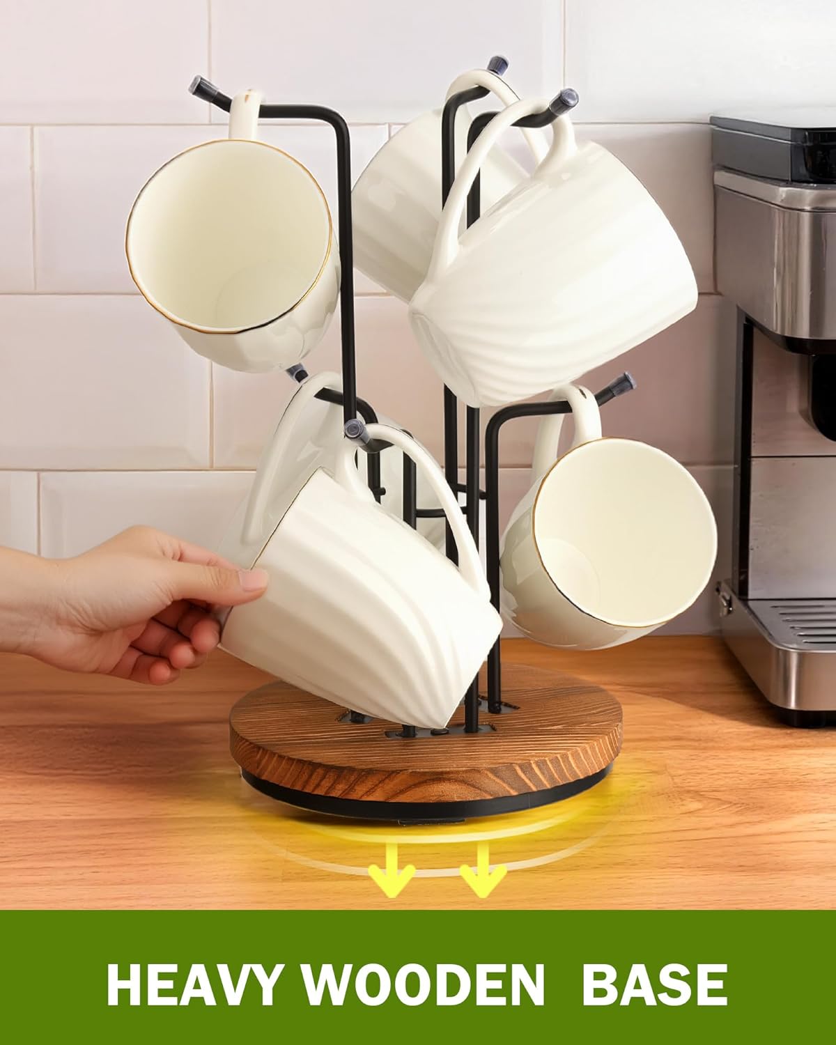 Rotating Large Mug Tree for Counter, Coffee Mug Holder, 6 Hooks | Cup Holder Stand for Countertop, Metal Rack &