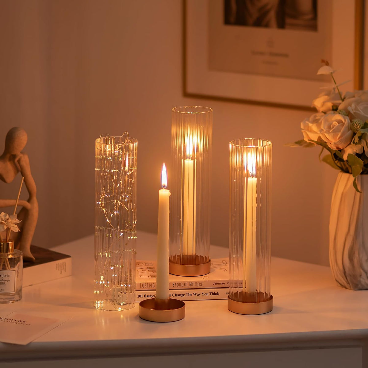 Hewory Hurricane Glass Candle Holders: Set of 8 Gold Candlestick Holders with 11" Tall Clear Cylinder Hurricane Cover