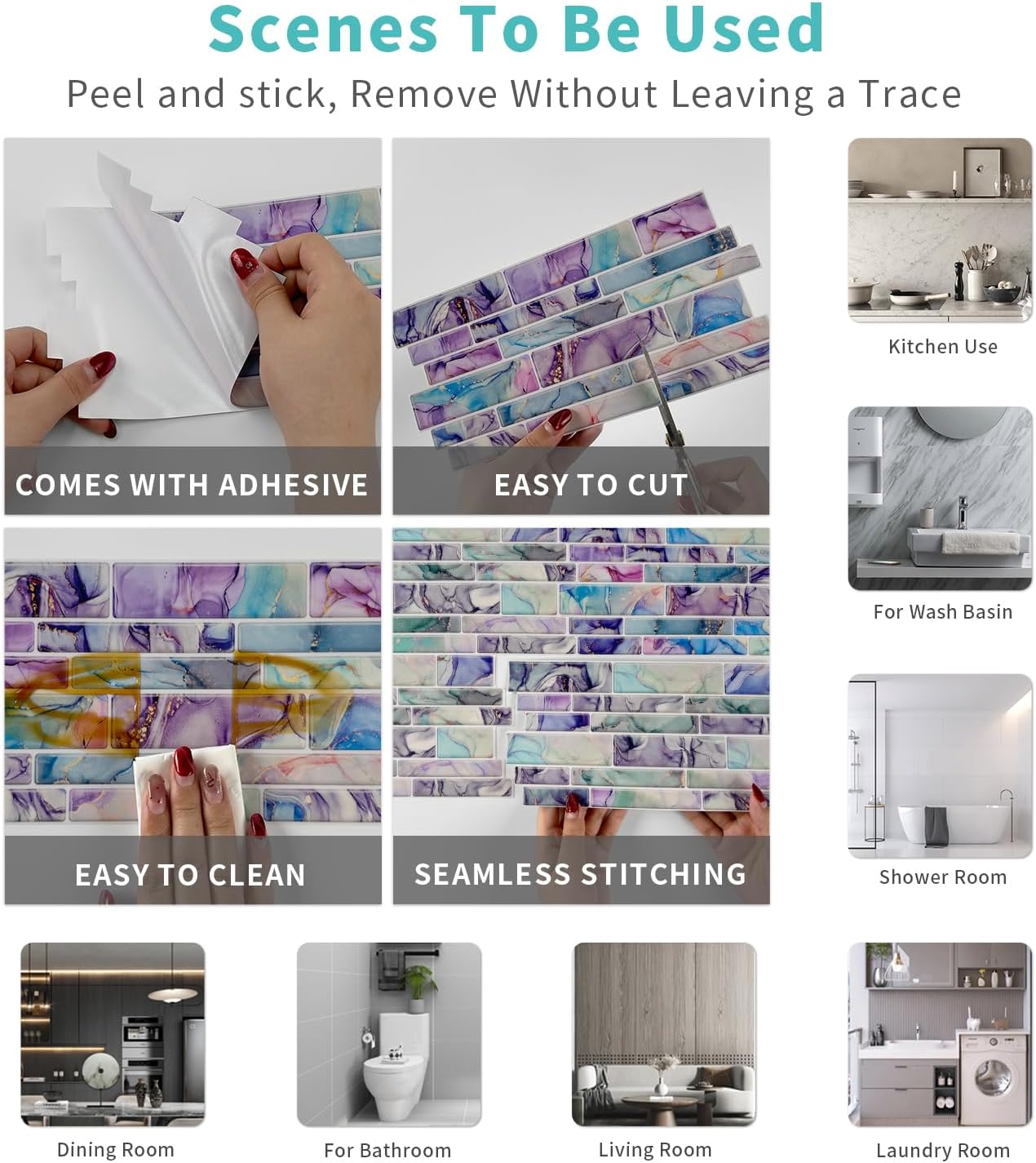 Peel & Stick Backsplash Tile Decals Self-Adhesive Removable / Xy-htp-30-sq / 9.68 x 4.72 / Set of 24