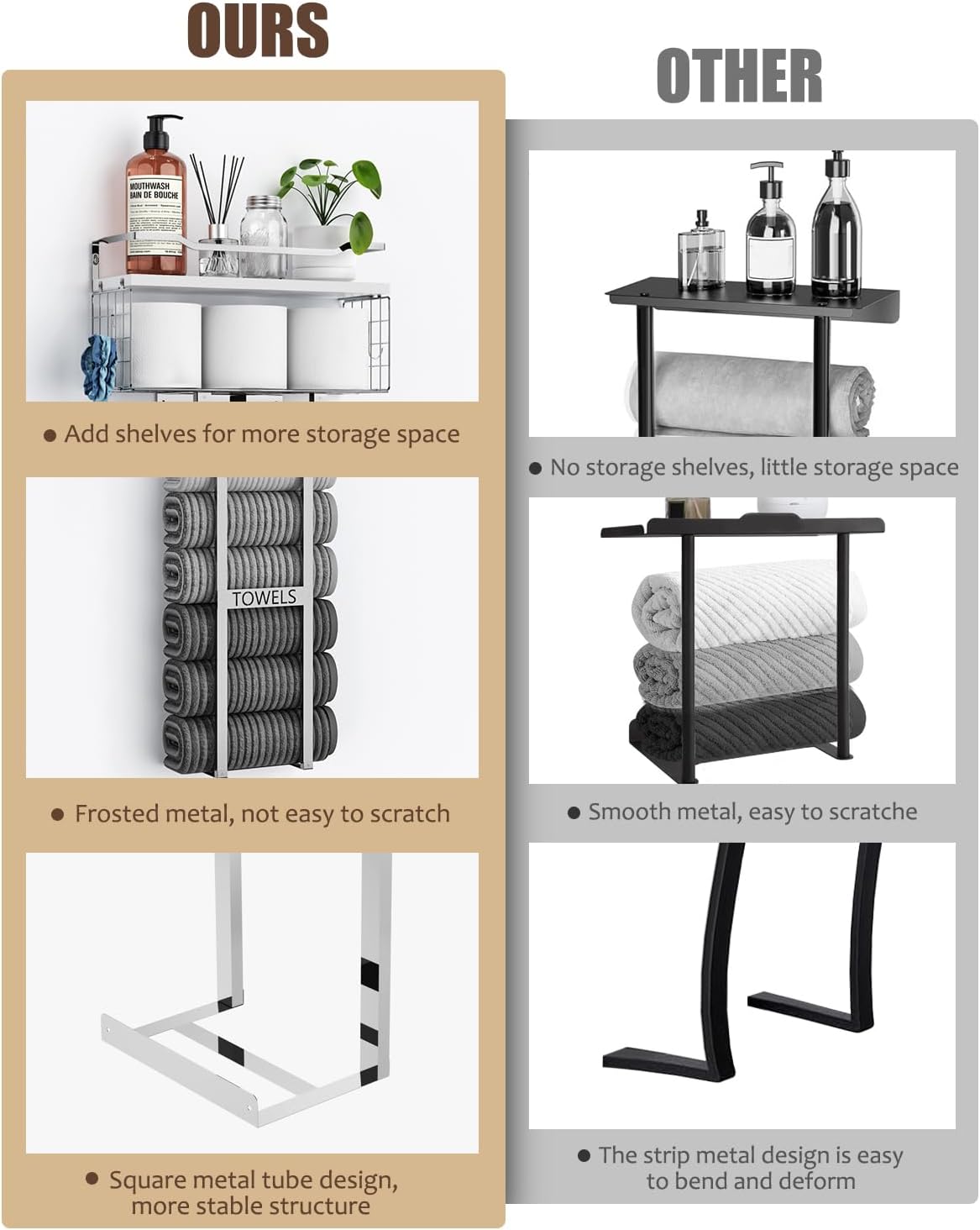 Aetyord Towel Racks for Bathroom - Wall Mounted Metal Rack with Wood Plank, Bathroom Storage Organizer, Towel Holder