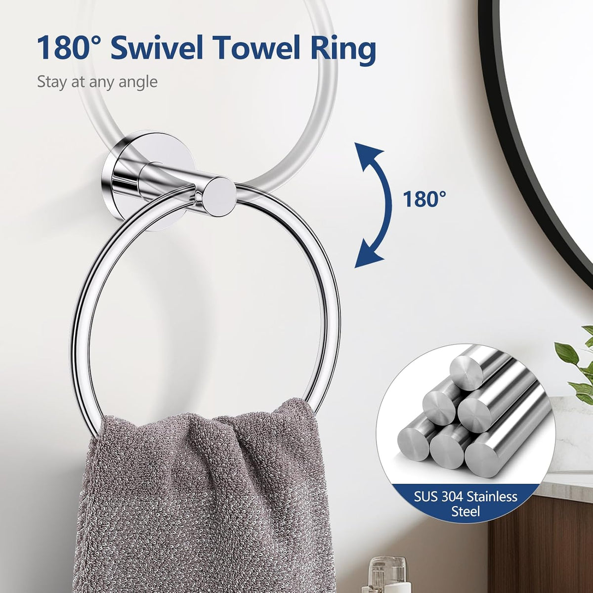 TQKAG 5 Piece Towel Racks for Bathroom, 23.6" Bathroom Hardware Set Chrome | Bathroom Hardware Set, SUS304 Stainless