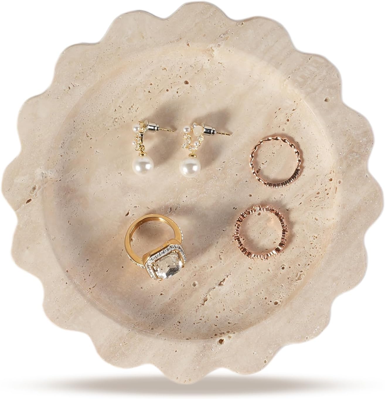 Round Scalloped Decorative Tray / Beige Travertine / D=5.51