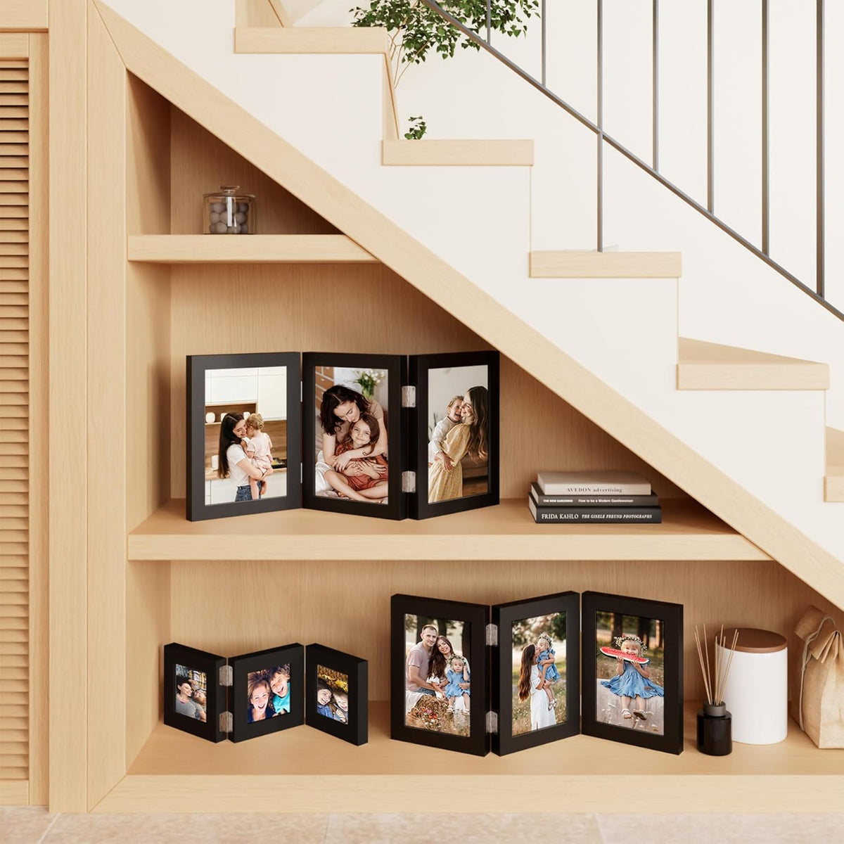 decorUhome Black Triple 8x10 Picture Frame Vertical, MDBK08 | "Z" Shape Folding Design Engineered Wood Trifold Photo