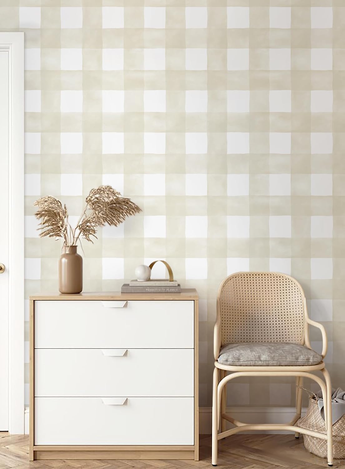 Peel and Stick Wallpaper Boho Modern Wall Paper Checkered Peel / 17.3 x 196.8 / Beige and White
