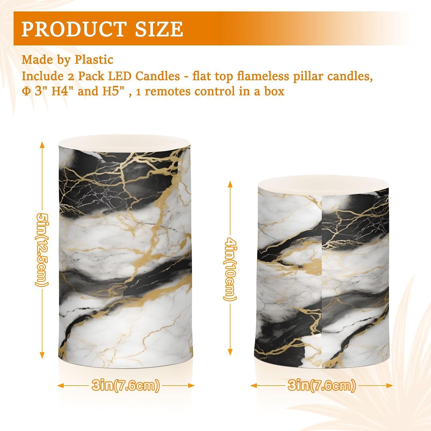 Flickering Flameless Candles, Golden White Black Marble LED Candles with Remote Timer, Set of 2 Battery Operated Candle