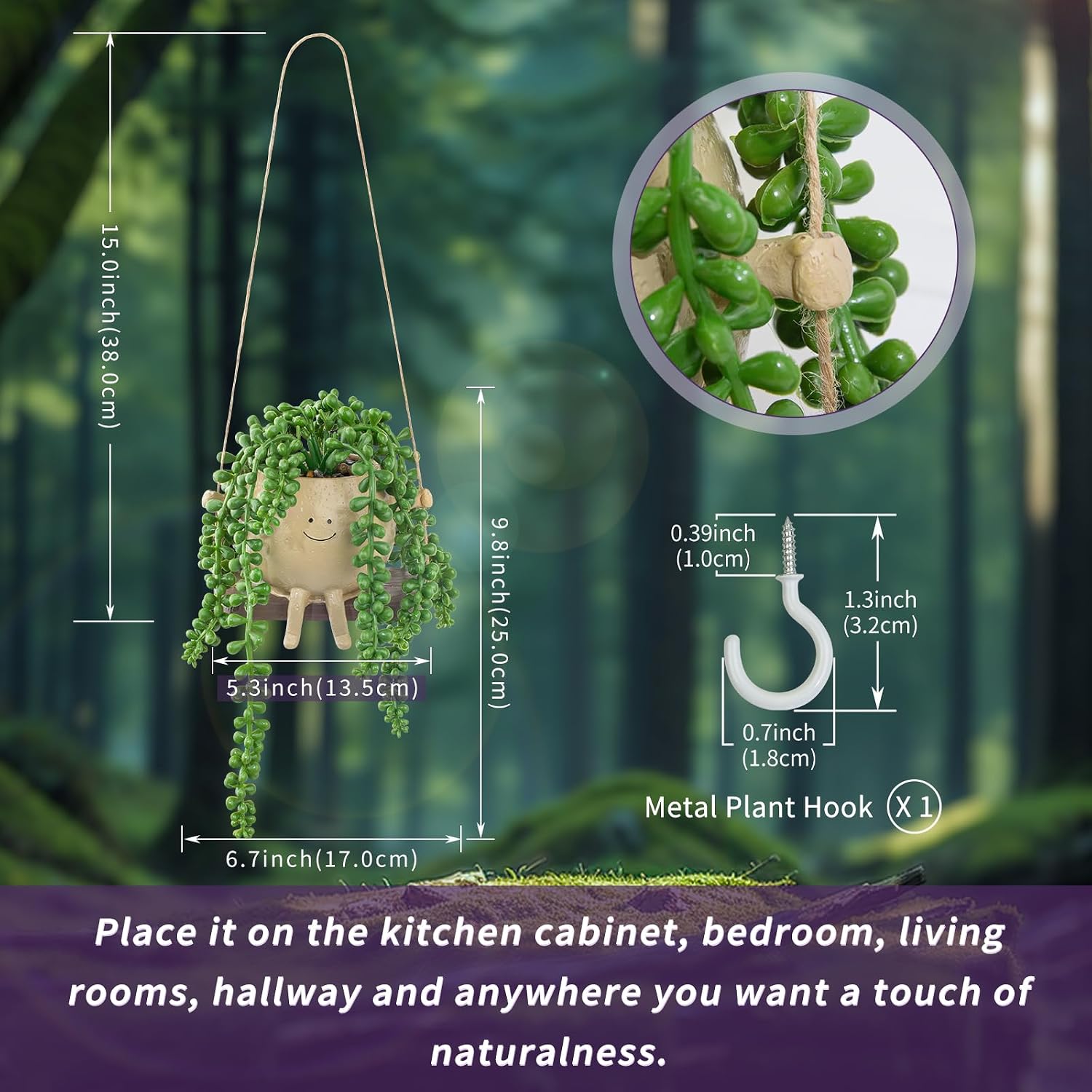 Artificial Hanging String of Pearls Succulent in Smiley Face Swing Planter / Hanging Succulents