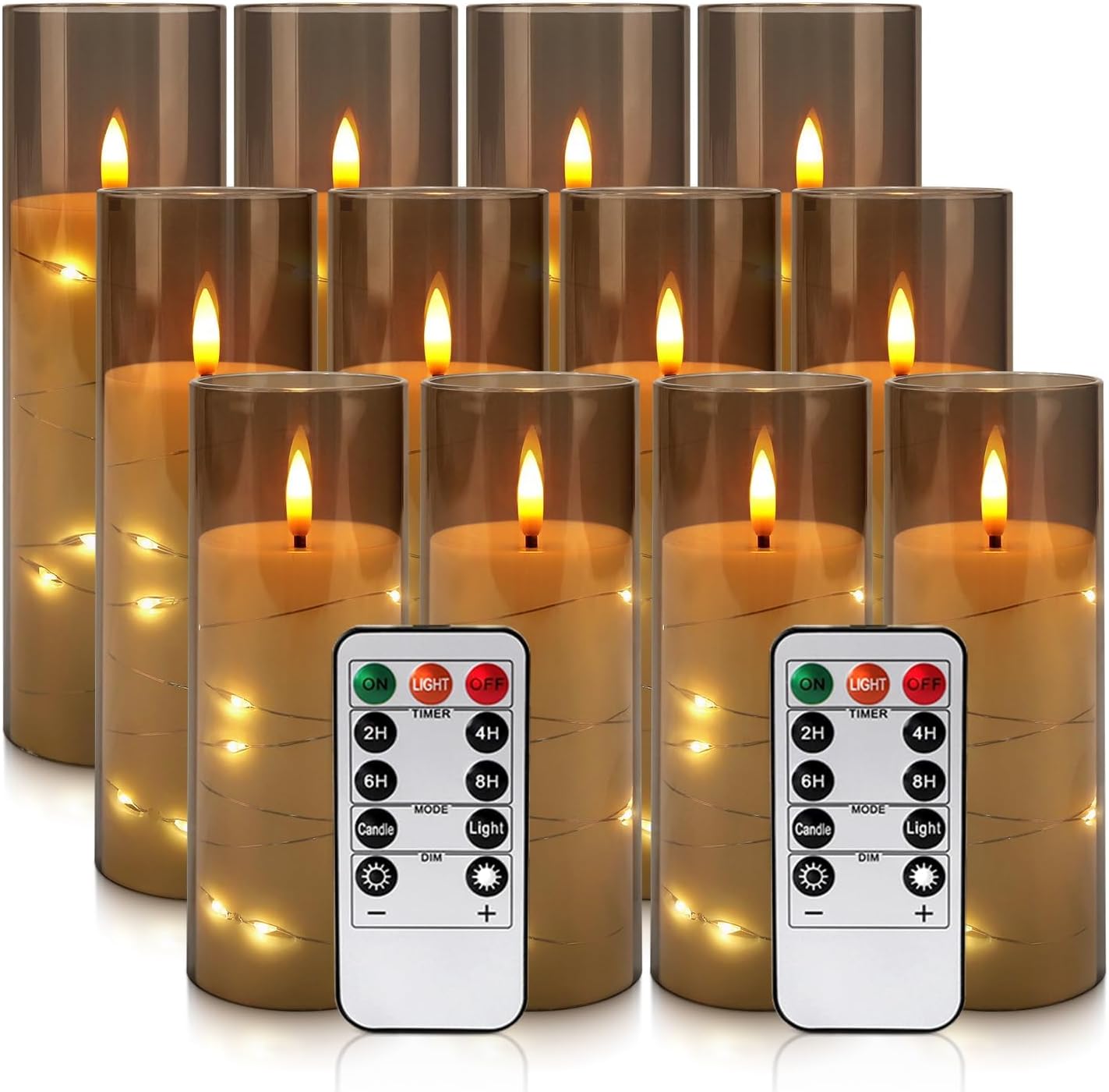 12-Pack Gray Acrylic Flameless LED Candles with Embedded String Lights - Remote Control for Holiday & Home