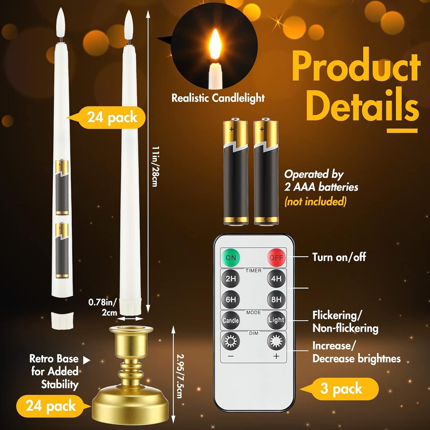 Fumete 24 Pack Flameless Taper Candles with Remote Timer, 3D Flame,White | Realistic Flickering Effect, Golden Base