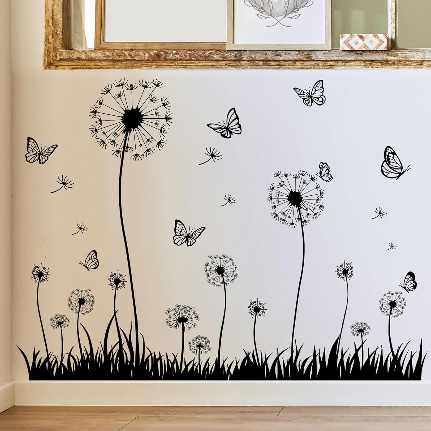 Dandelion and Butterfly Wall Decals Removable and White Nature Vinyl Stickers for Nursery / Black