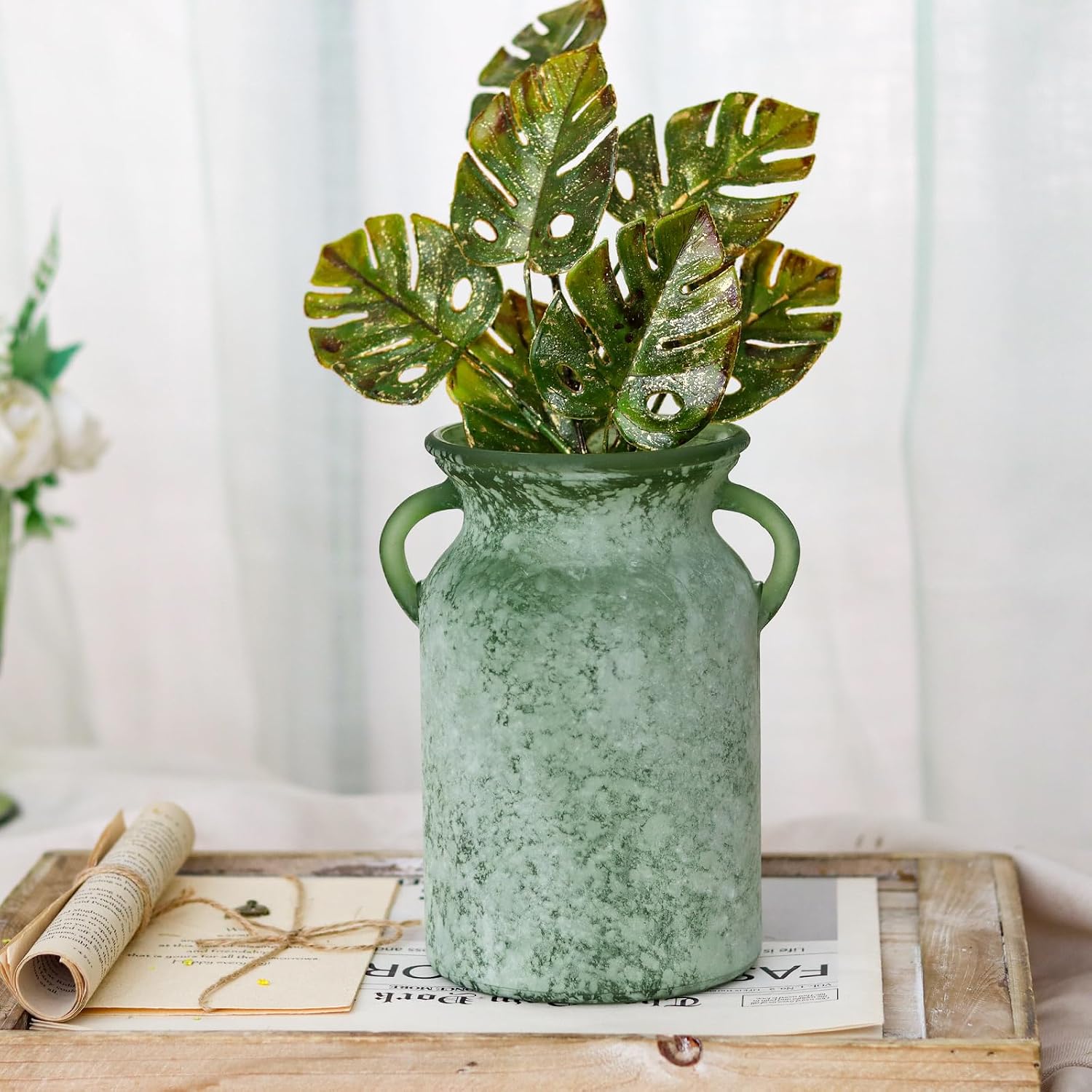 Glass Flower Vase / White Green / 8 Inch