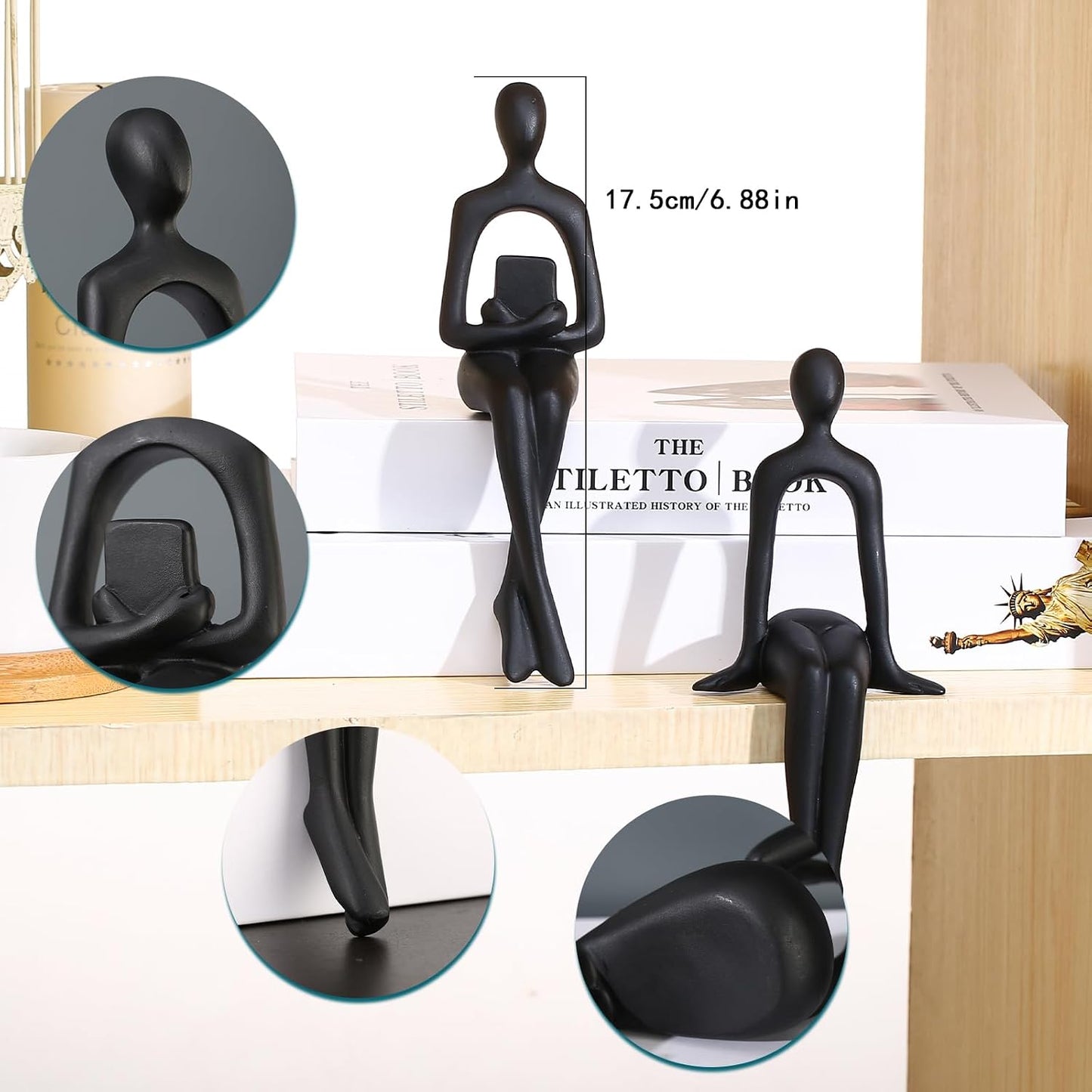 Bookshelf Decor Thinker Statue Figurines -Decorate Your Home / Black / Set of 4