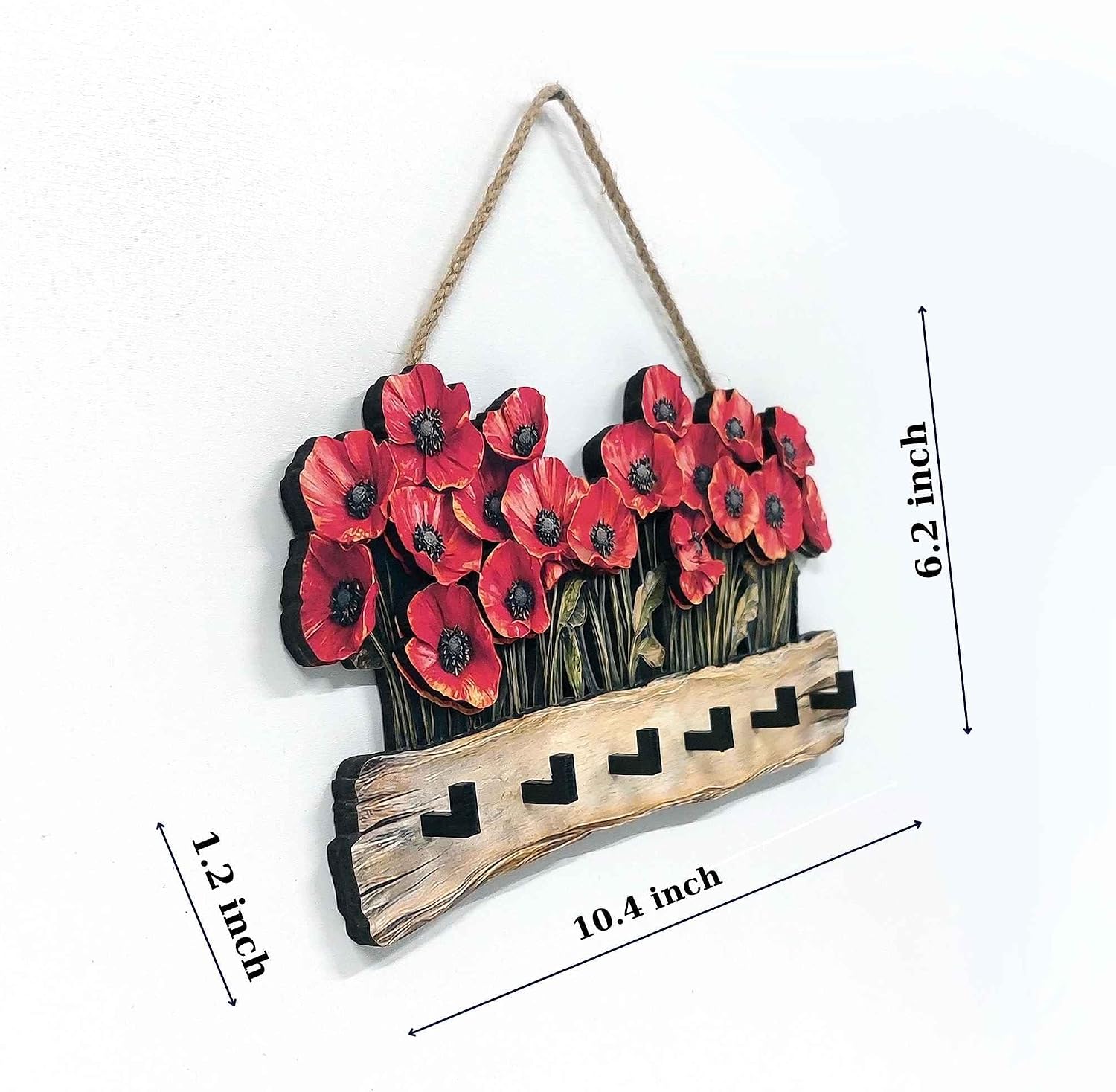 Wooden Key Holder / Rustic Poppy Flower Key Rack