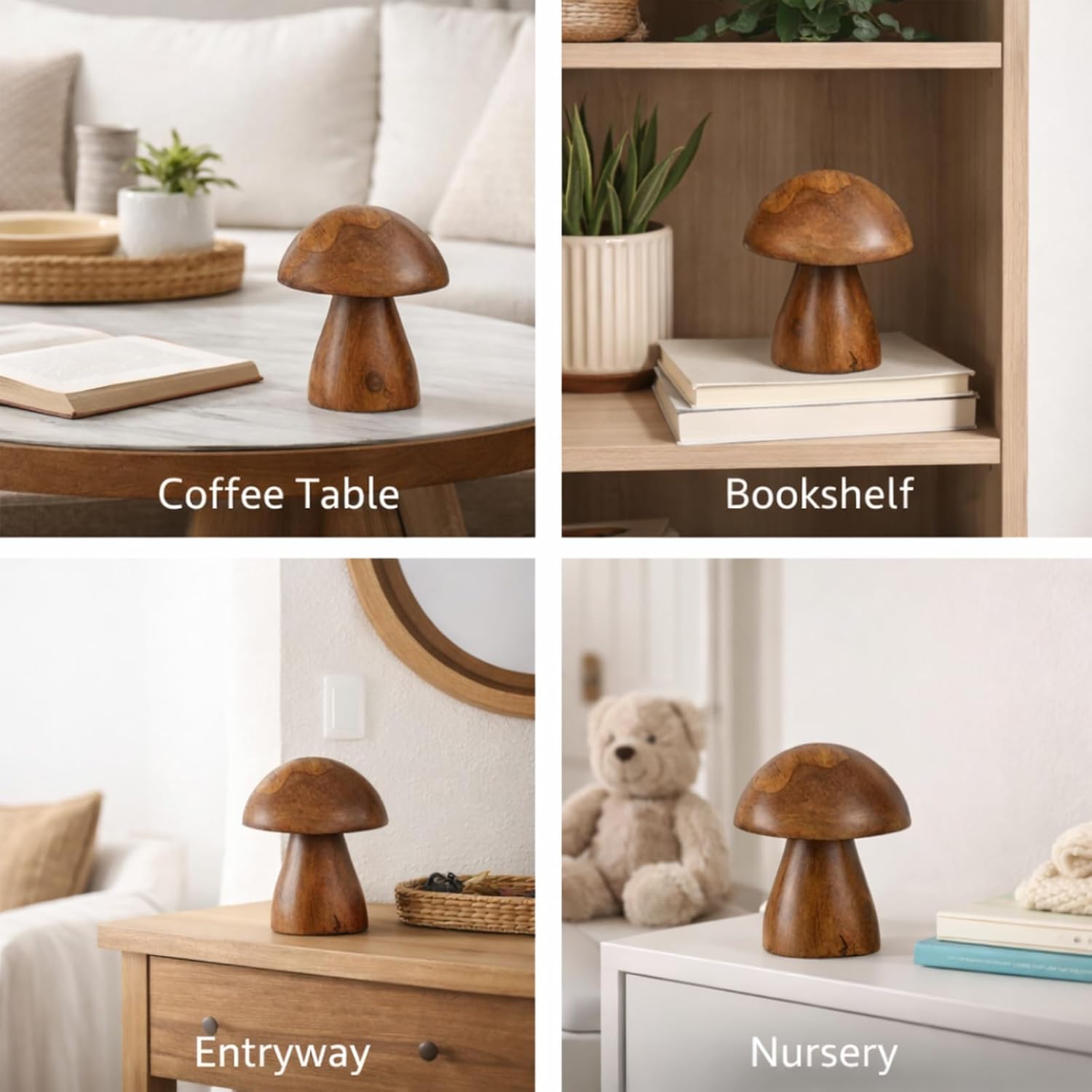 Boho Tabletop Figurine / Handmade Teak Wood Mushroom Decor Statue